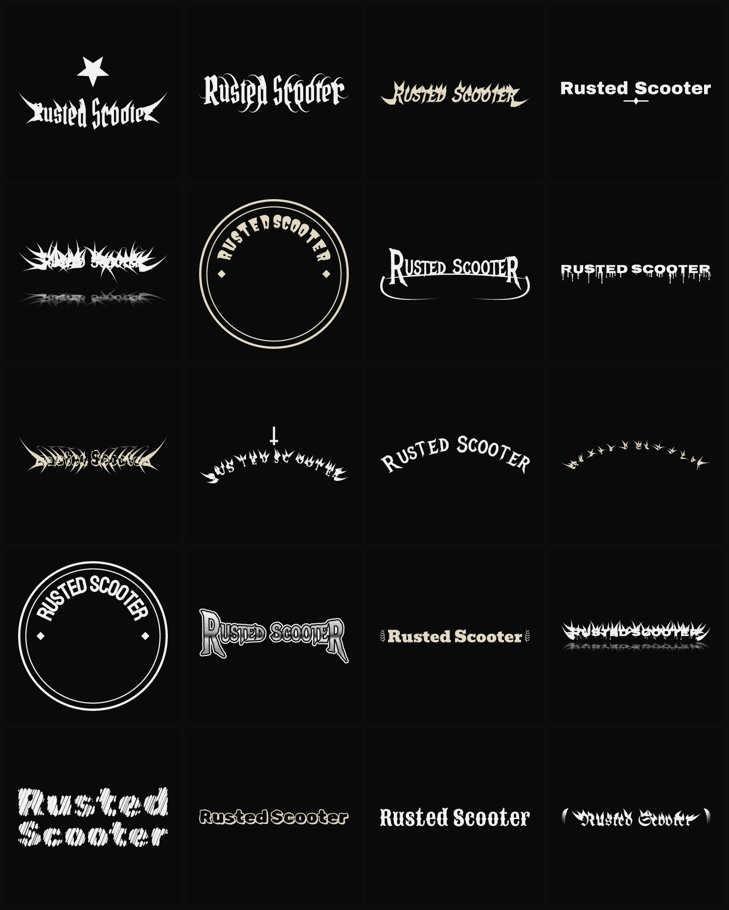 Twenty Rusted Scooter band logo ideas — different faces, treatments and spike settings