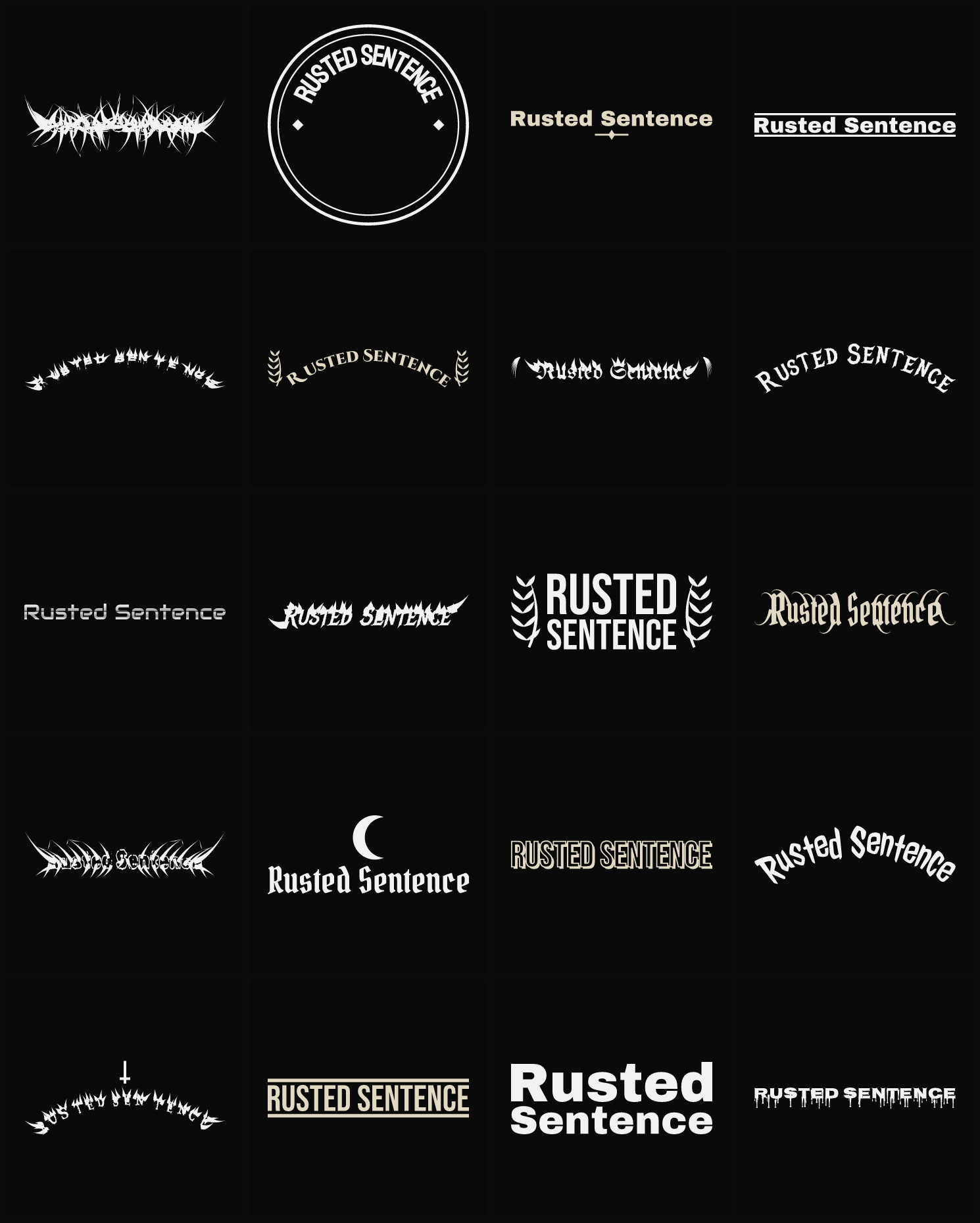 Twenty Rusted Sentence band logo ideas — different faces, treatments and spike settings