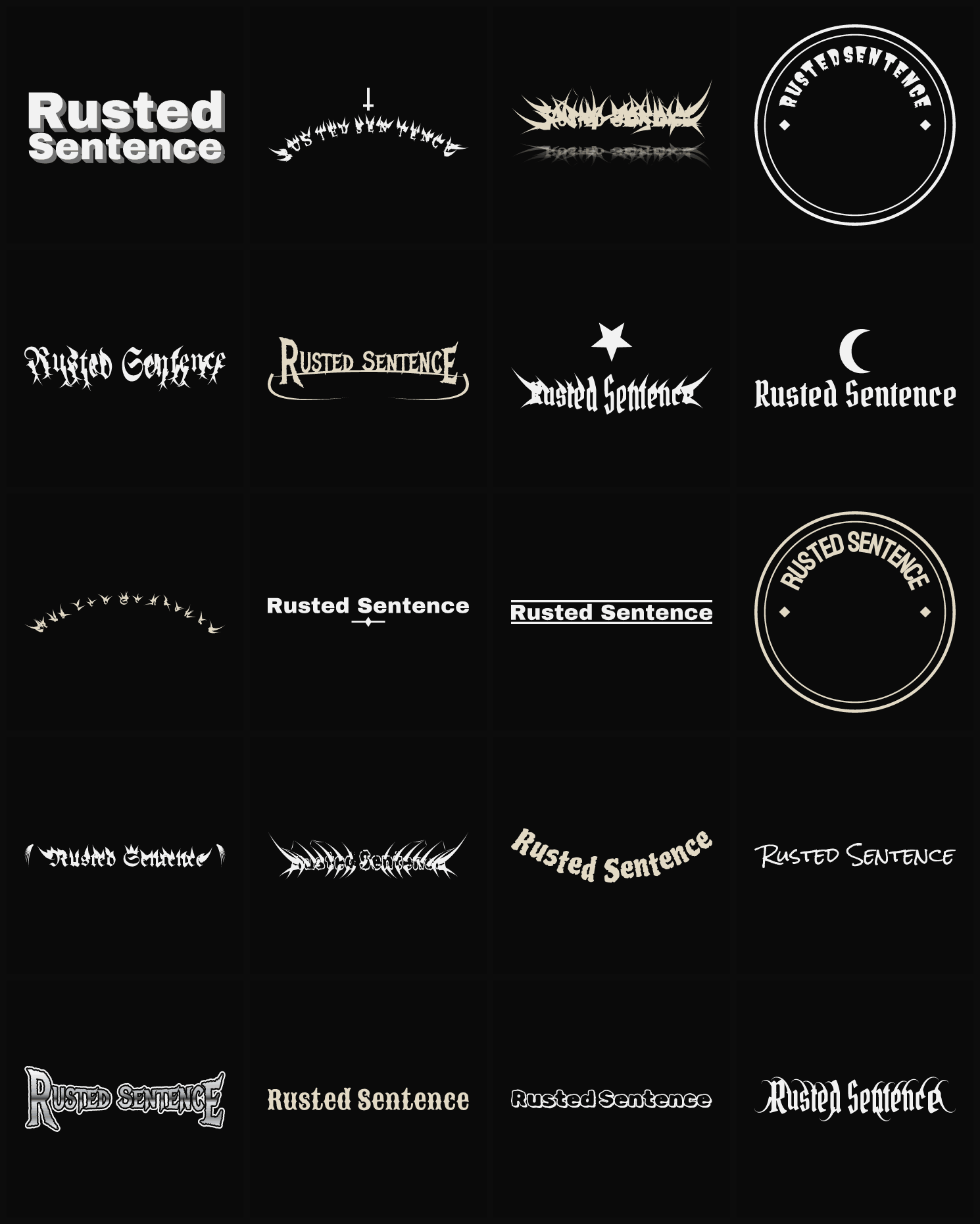Twenty Rusted Sentence band logo ideas — different faces, treatments and spike settings