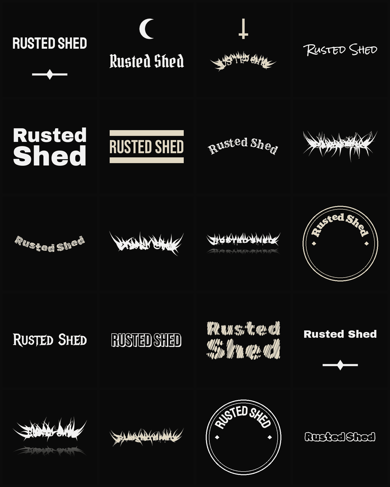 Twenty Rusted Shed band logo ideas — different faces, treatments and spike settings
