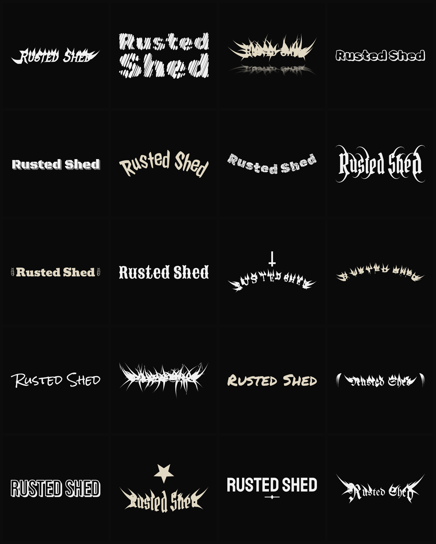 Twenty Rusted Shed band logo ideas — different faces, treatments and spike settings
