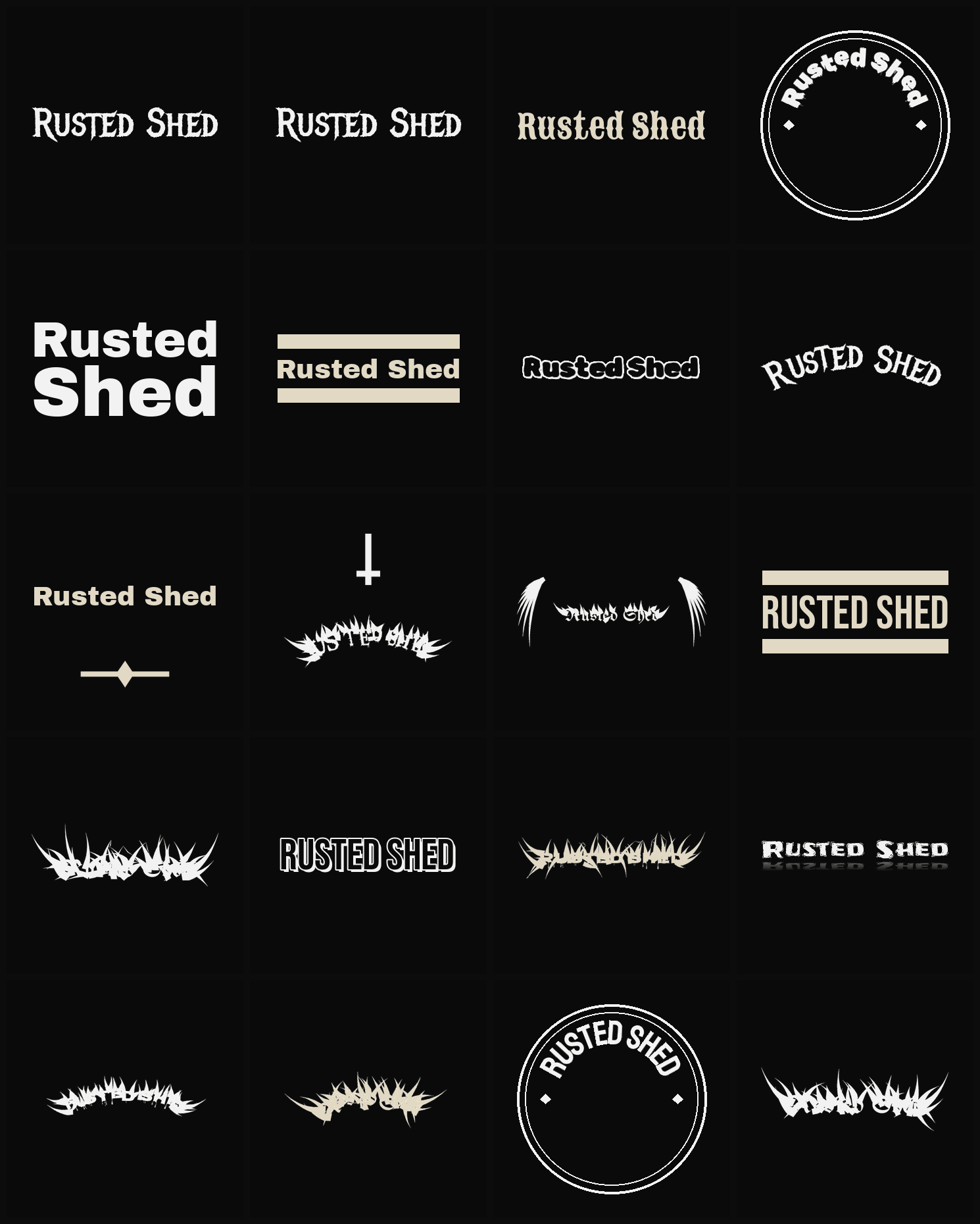Twenty Rusted Shed band logo ideas — different faces, treatments and spike settings