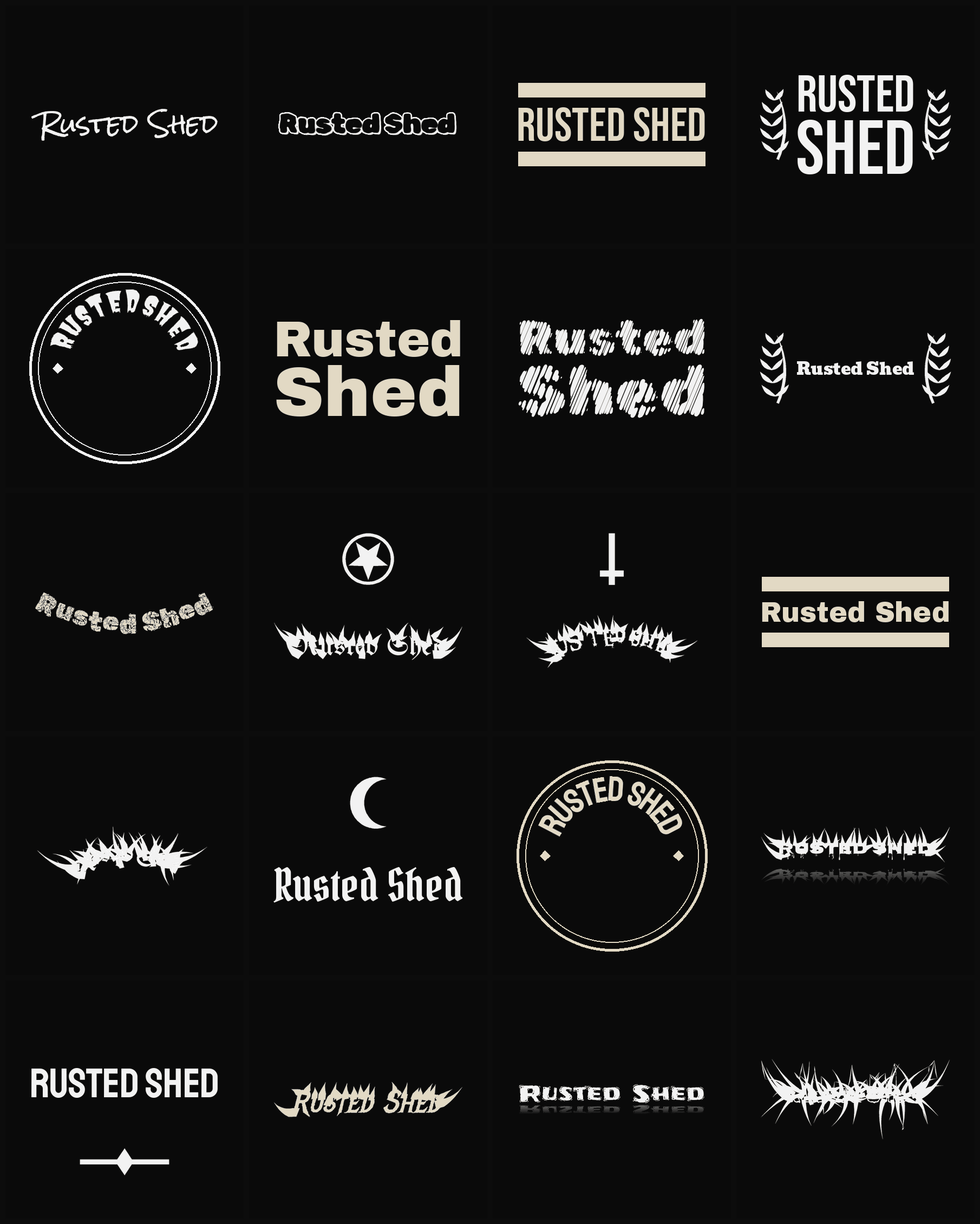Twenty Rusted Shed band logo ideas — different faces, treatments and spike settings