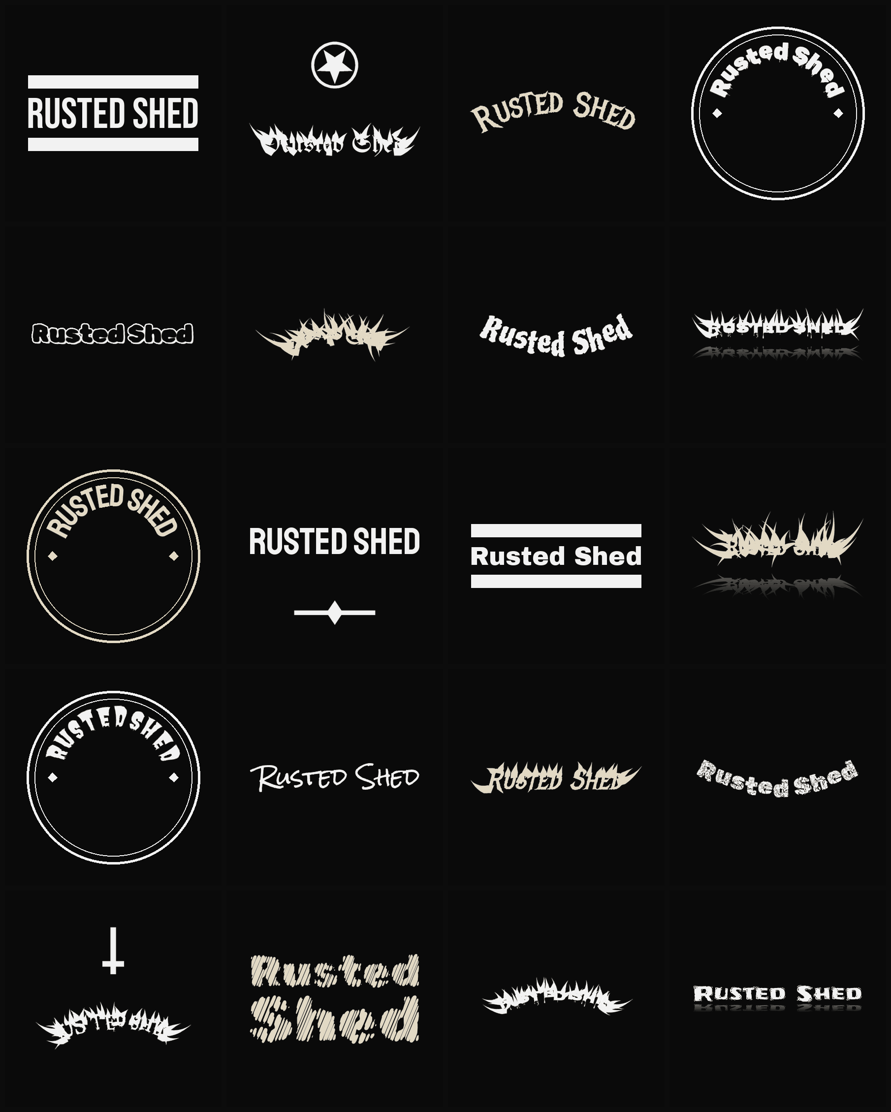 Twenty Rusted Shed band logo ideas — different faces, treatments and spike settings