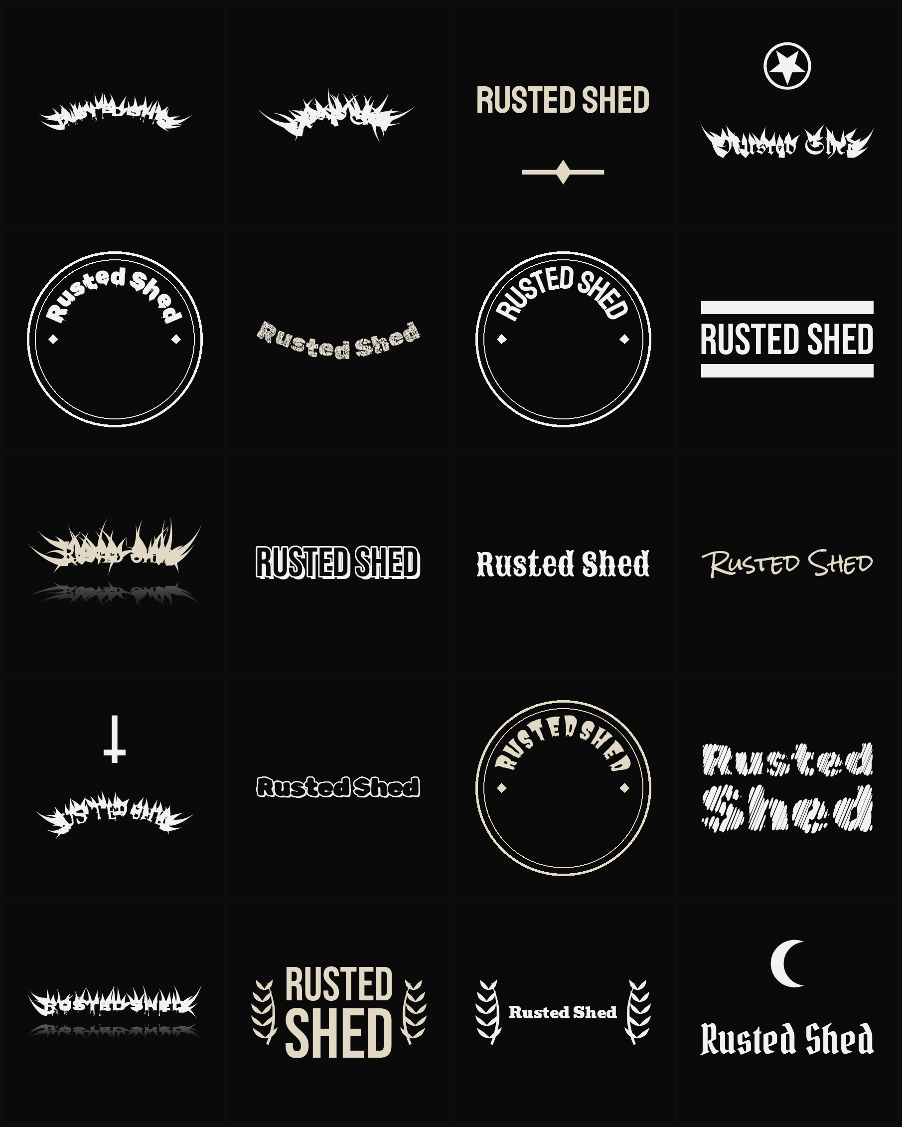 Twenty Rusted Shed band logo ideas — different faces, treatments and spike settings