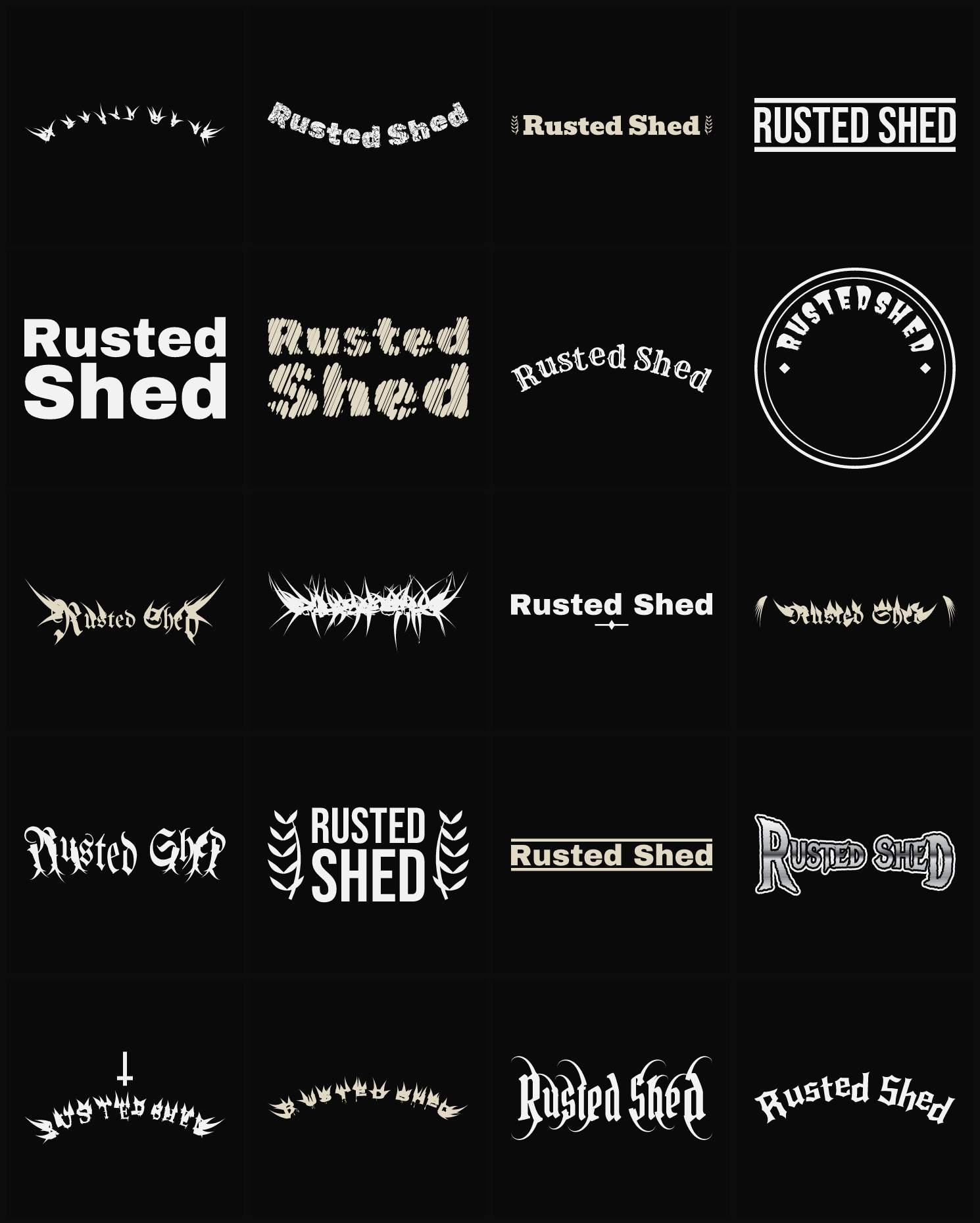 Twenty Rusted Shed band logo ideas — different faces, treatments and spike settings