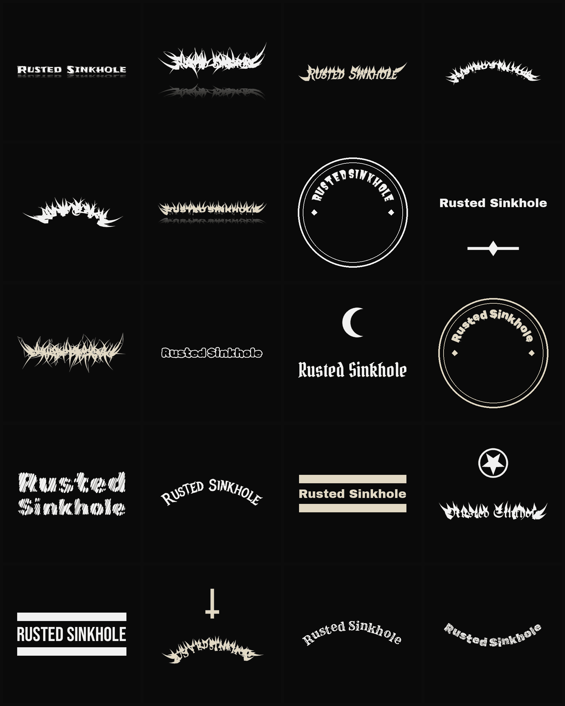 Twenty Rusted Sinkhole band logo ideas — different faces, treatments and spike settings