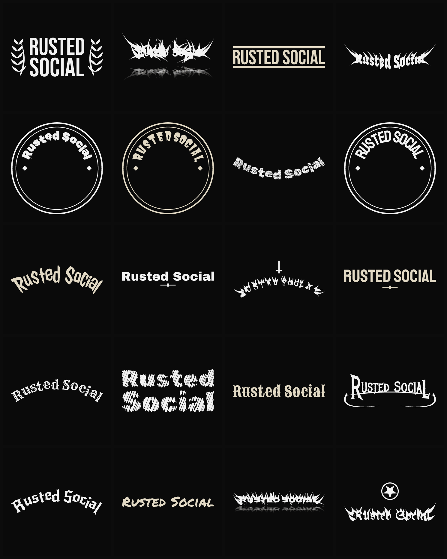 Twenty Rusted Social band logo ideas — different faces, treatments and spike settings