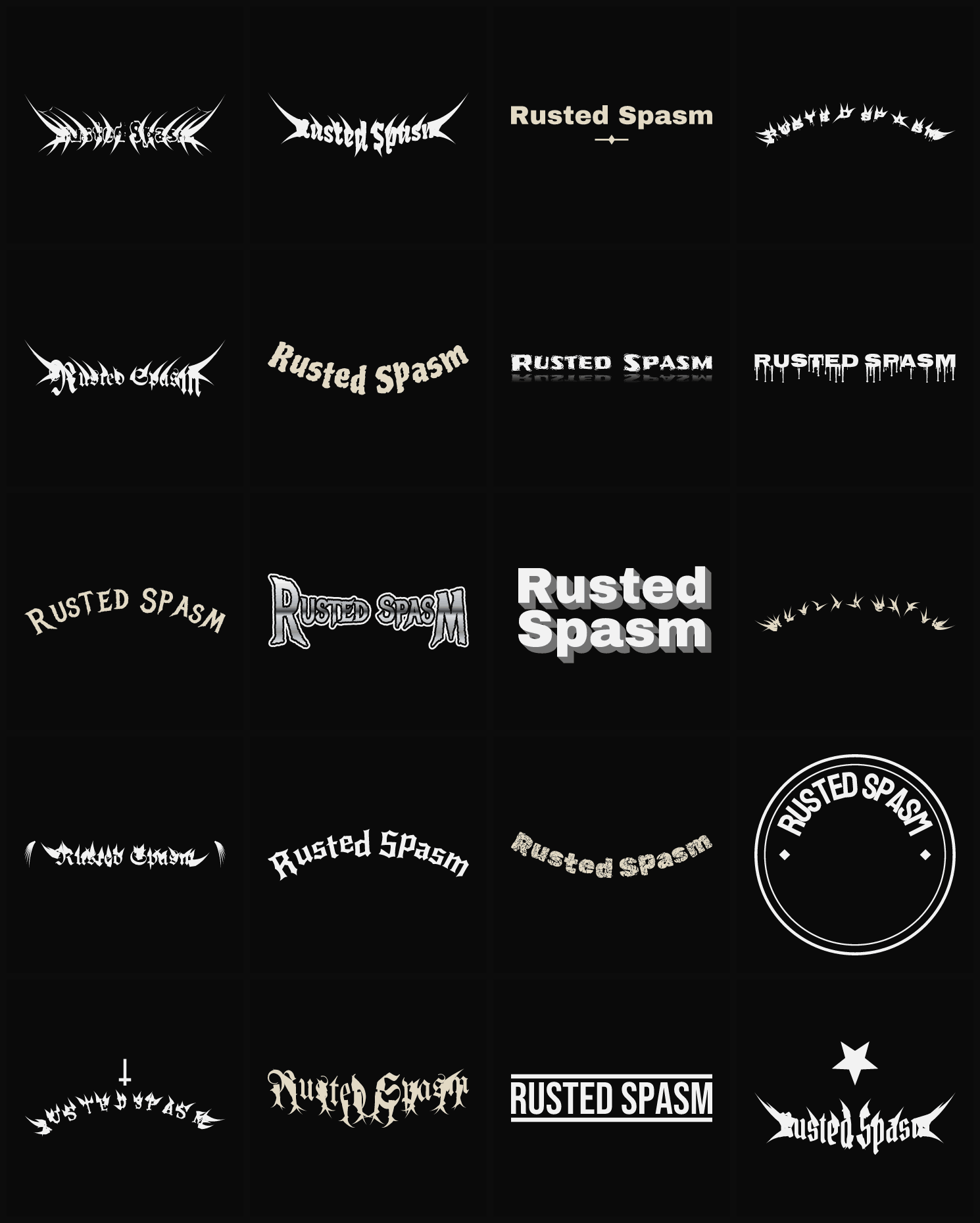 Twenty Rusted Spasm band logo ideas — different faces, treatments and spike settings