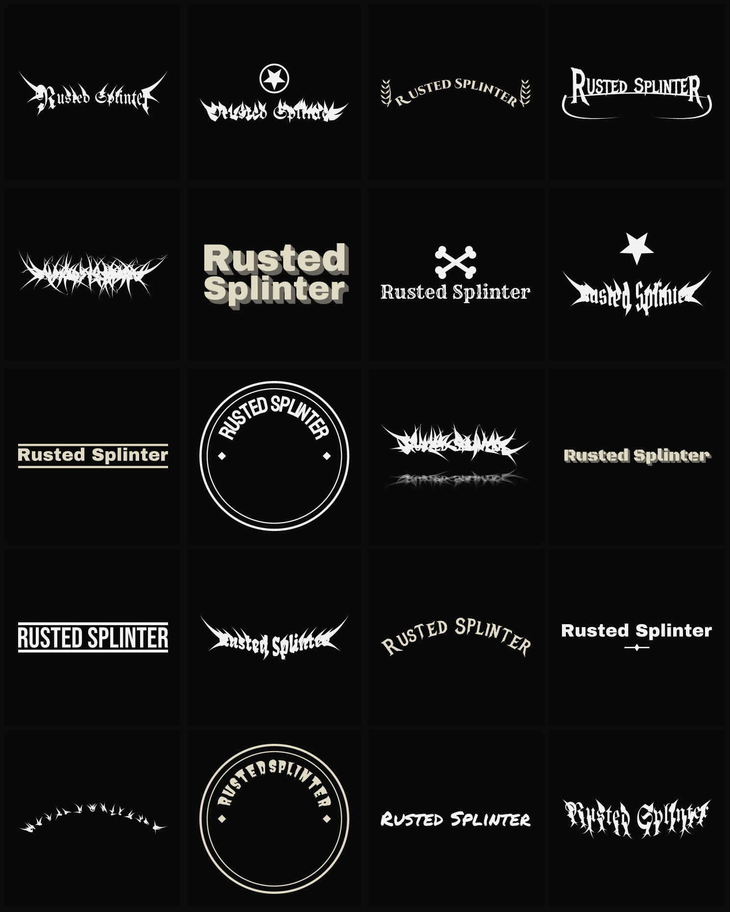 Twenty Rusted Splinter band logo ideas — different faces, treatments and spike settings