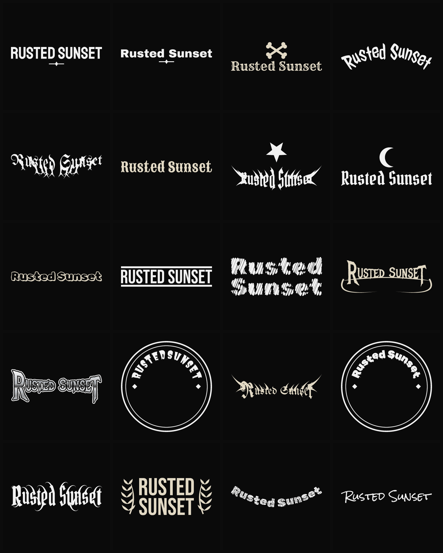Twenty Rusted Sunset band logo ideas — different faces, treatments and spike settings