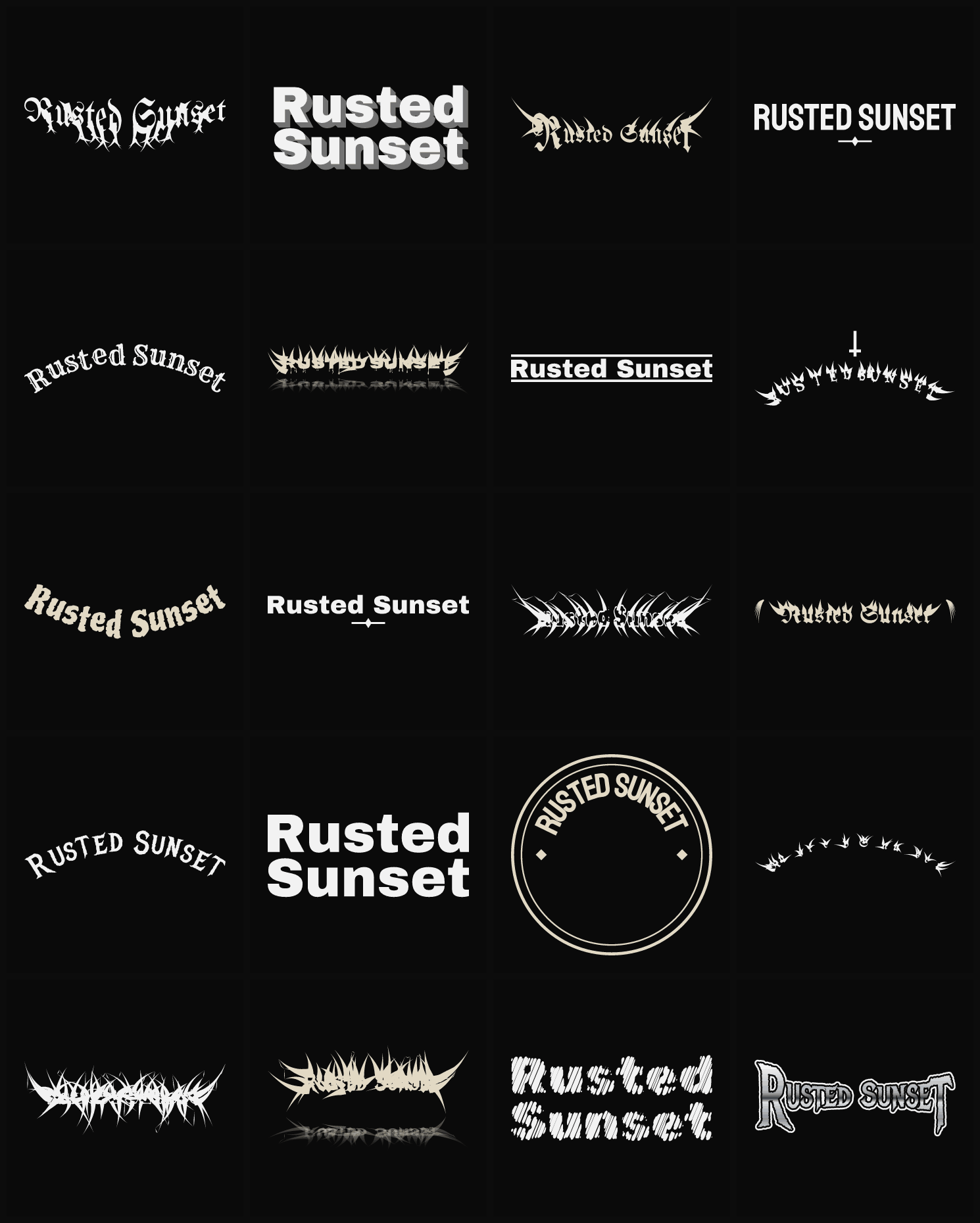Twenty Rusted Sunset band logo ideas — different faces, treatments and spike settings