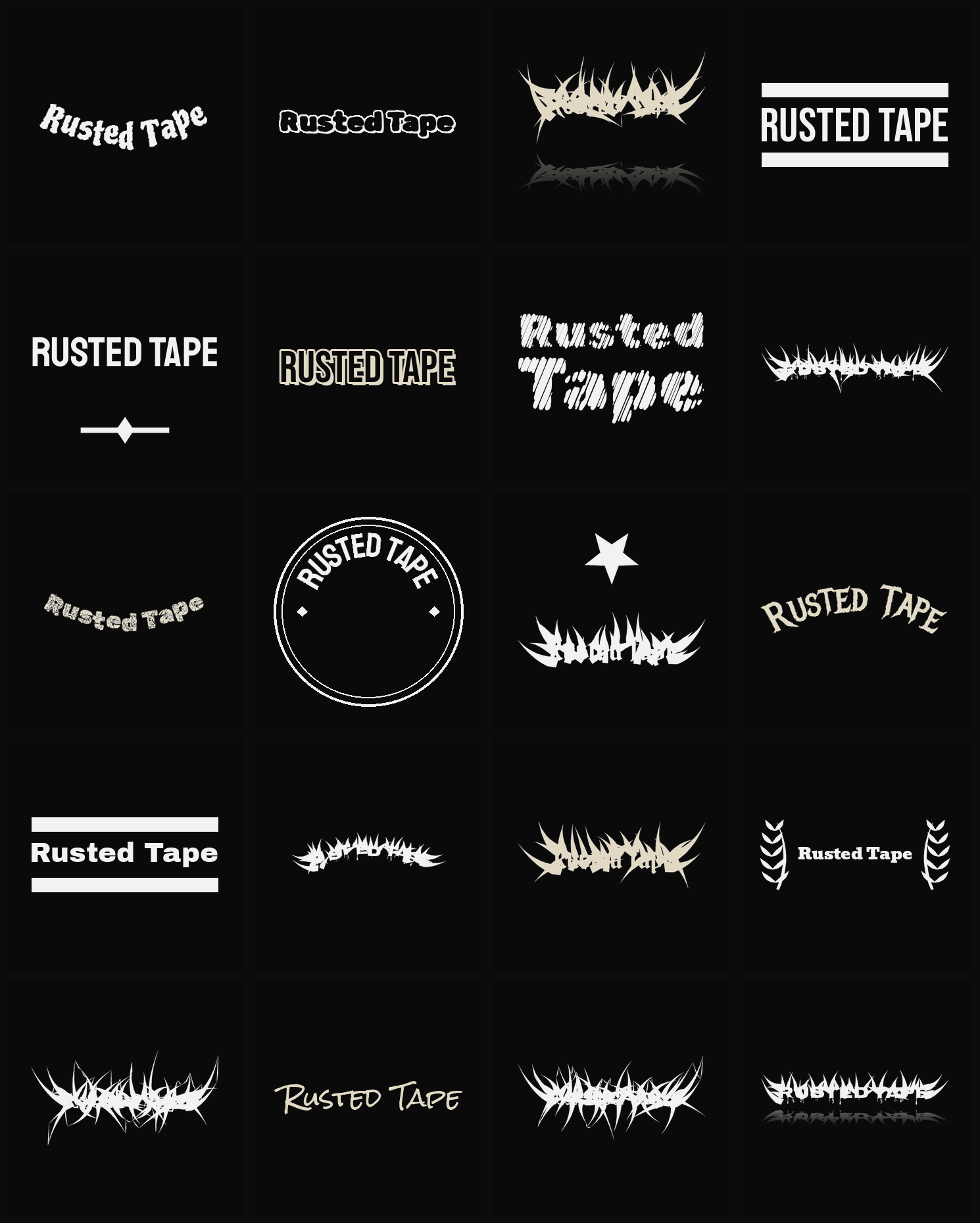 Twenty Rusted Tape band logo ideas — different faces, treatments and spike settings