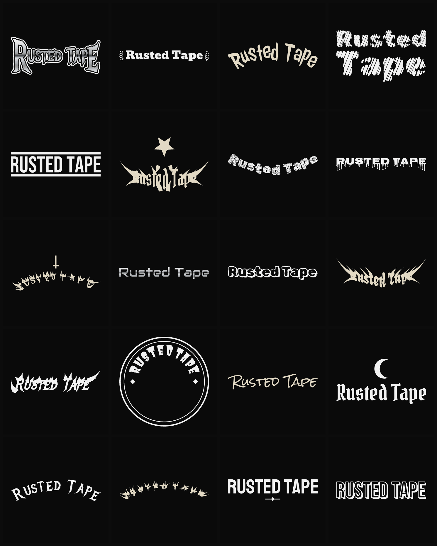 Twenty Rusted Tape band logo ideas — different faces, treatments and spike settings