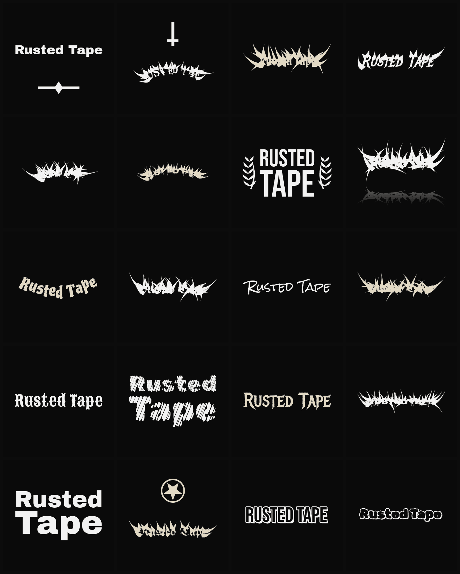 Twenty Rusted Tape band logo ideas — different faces, treatments and spike settings
