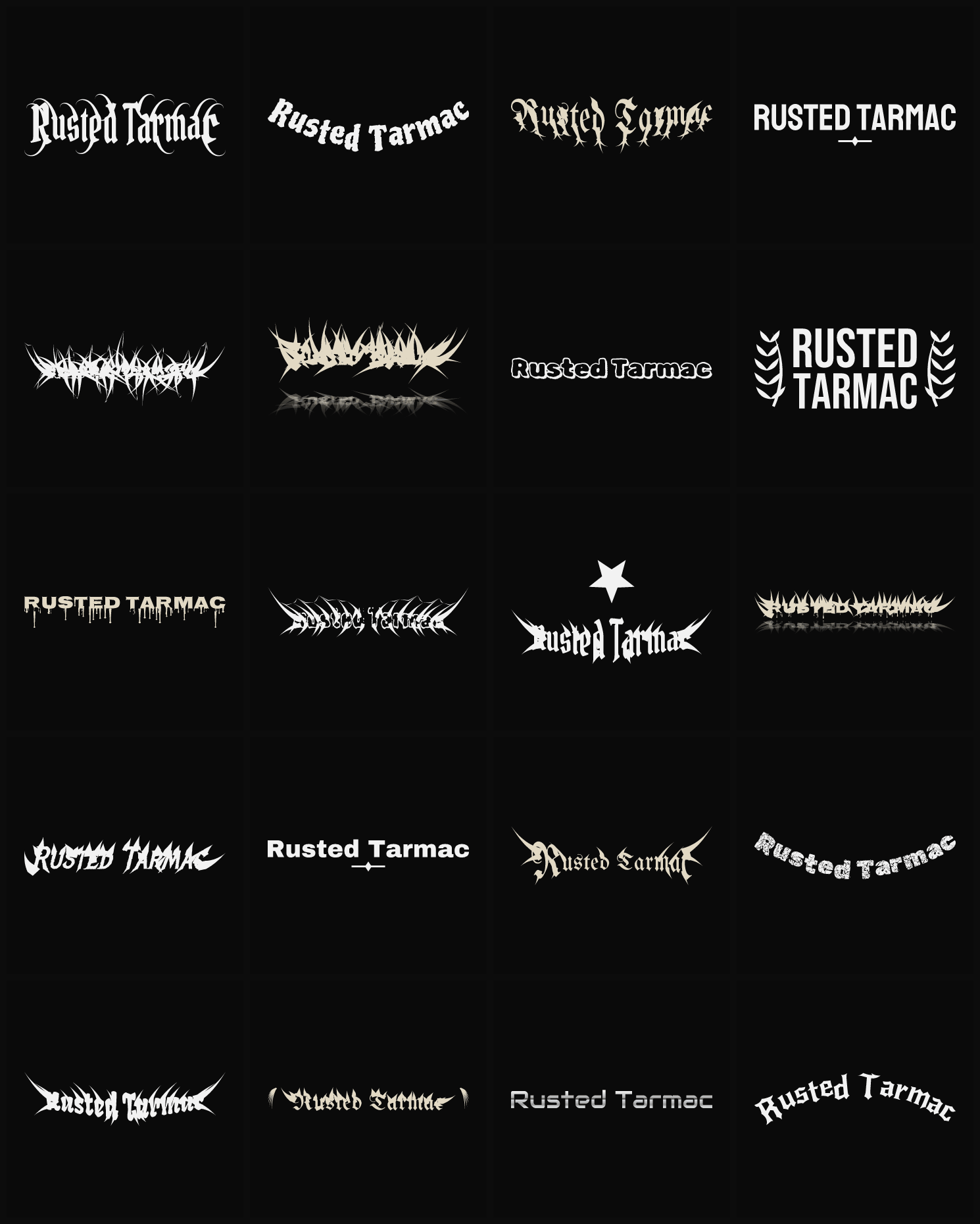 Twenty Rusted Tarmac band logo ideas — different faces, treatments and spike settings