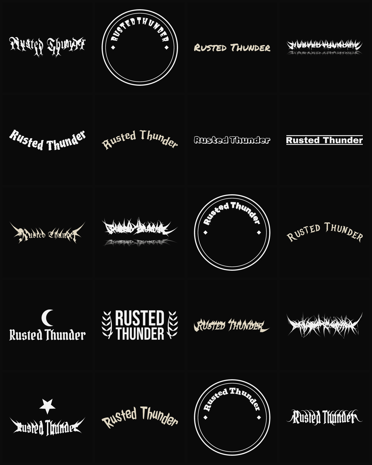 Twenty Rusted Thunder band logo ideas — different faces, treatments and spike settings