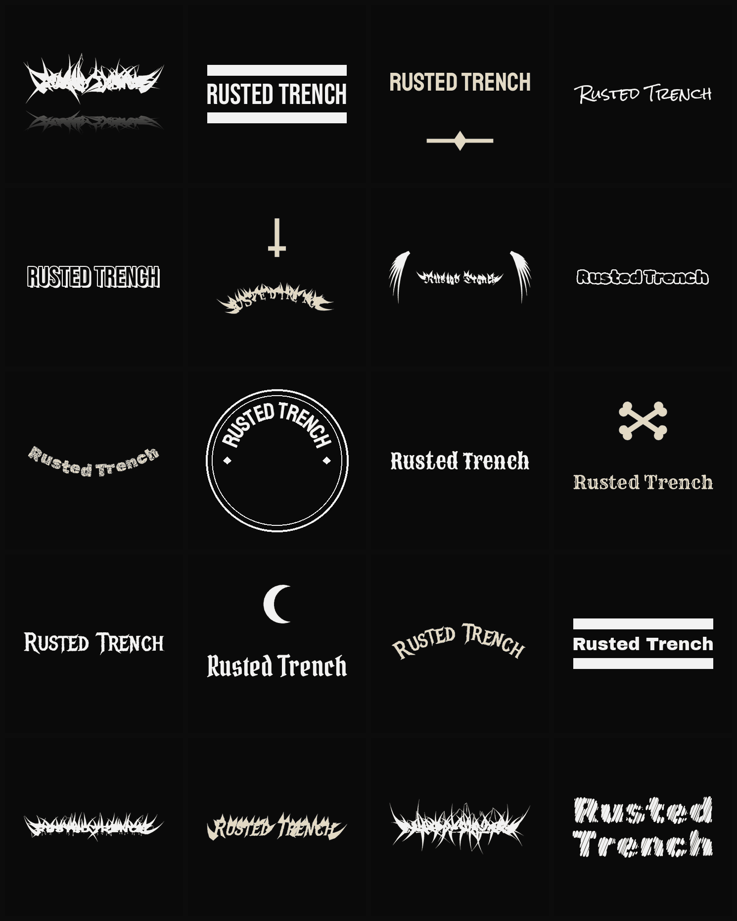 Twenty Rusted Trench band logo ideas — different faces, treatments and spike settings