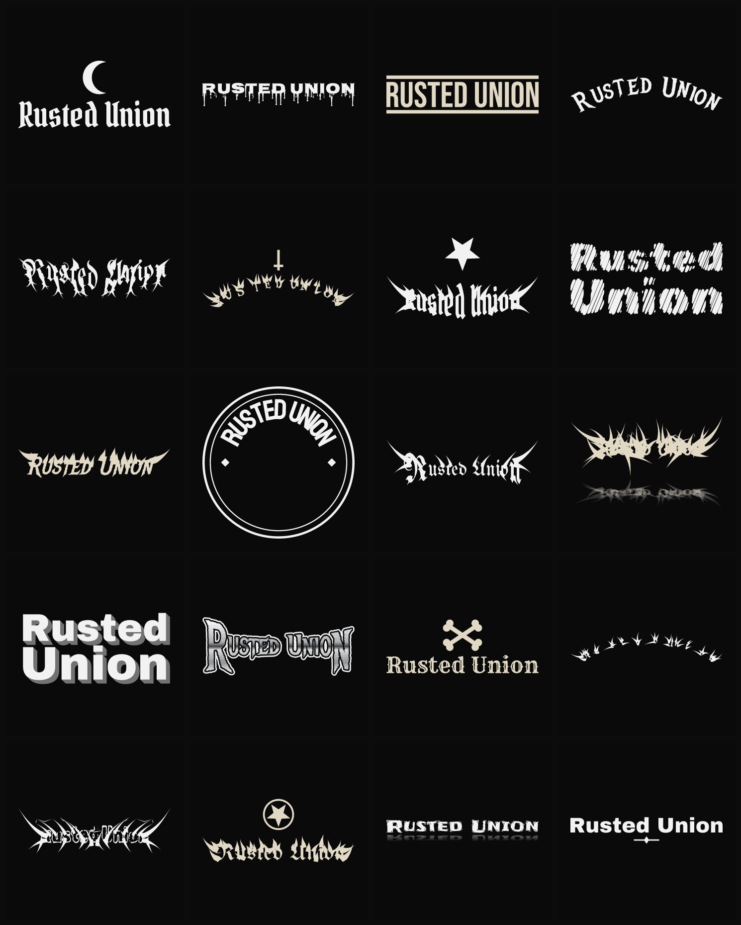 Twenty Rusted Union band logo ideas — different faces, treatments and spike settings