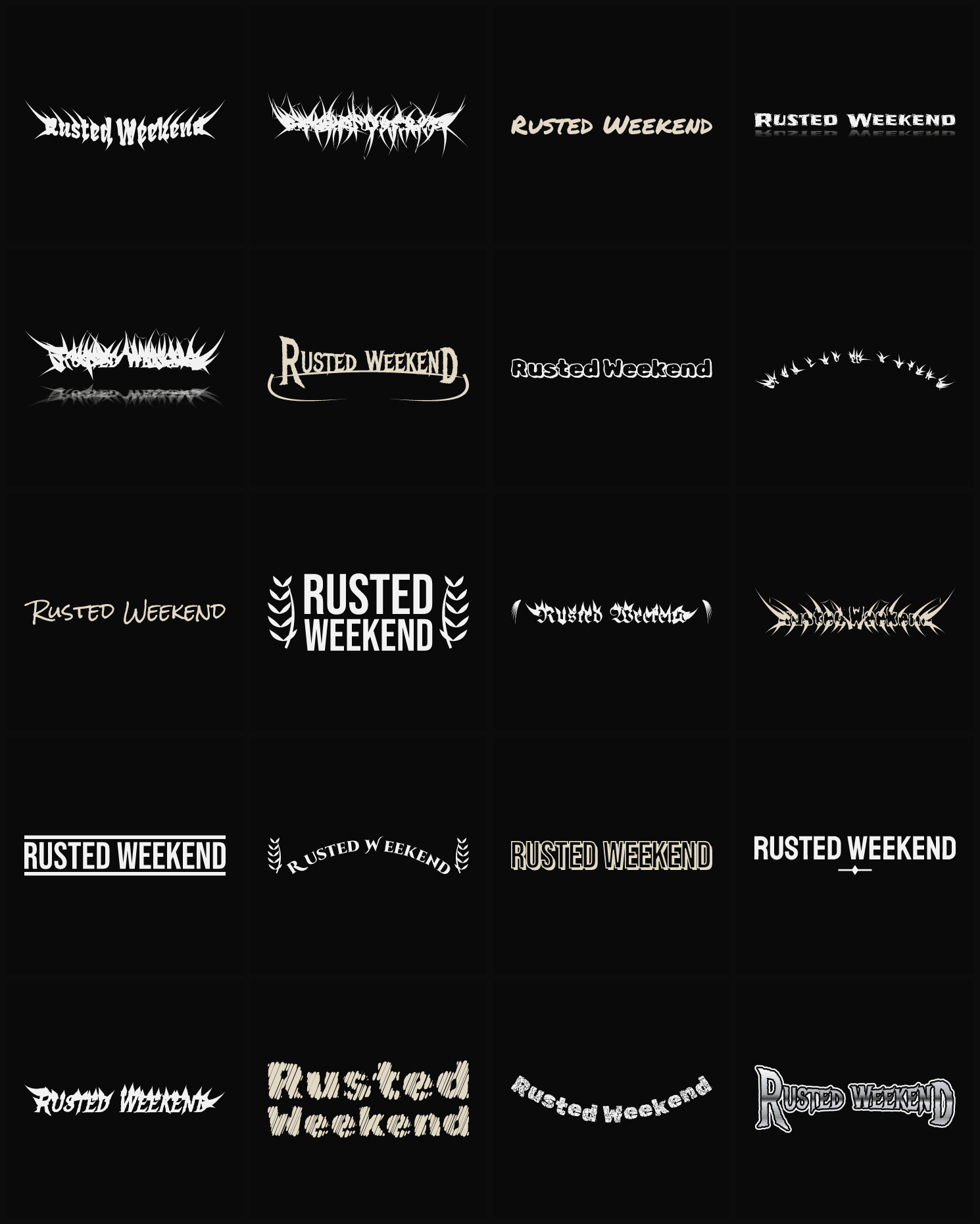 Twenty Rusted Weekend band logo ideas — different faces, treatments and spike settings