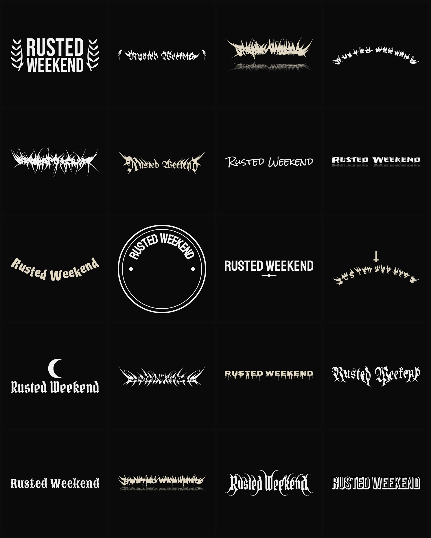 Twenty Rusted Weekend band logo ideas — different faces, treatments and spike settings