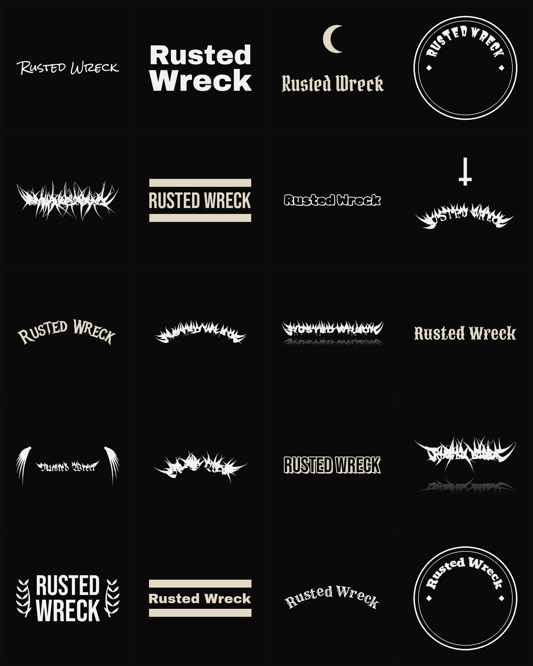 Twenty Rusted Wreck band logo ideas — different faces, treatments and spike settings
