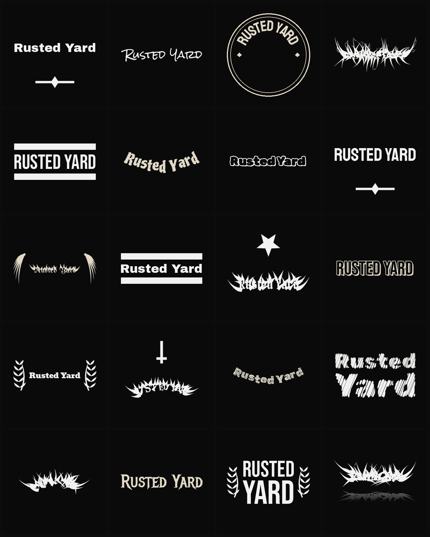 Twenty Rusted Yard band logo ideas — different faces, treatments and spike settings