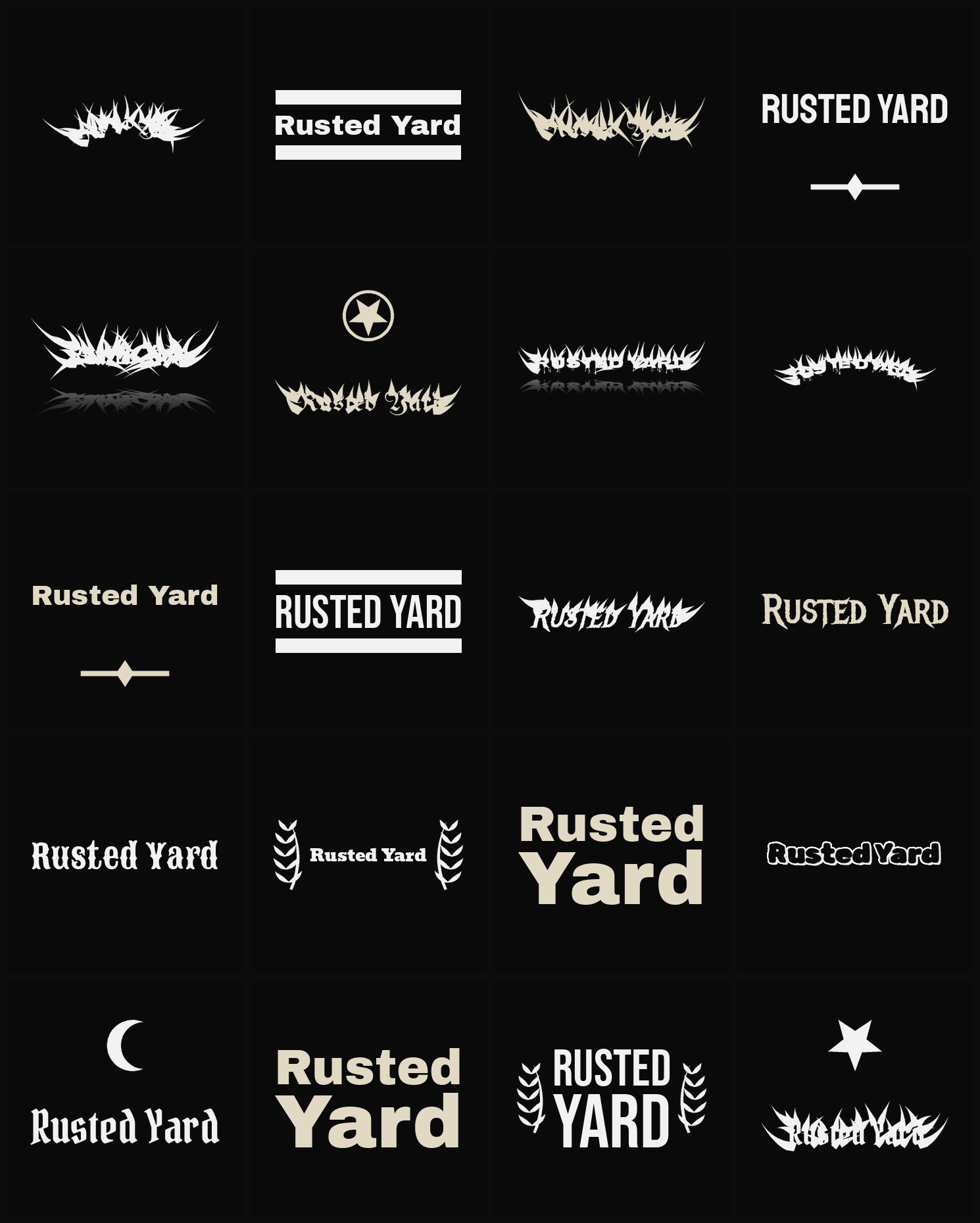 Twenty Rusted Yard band logo ideas — different faces, treatments and spike settings