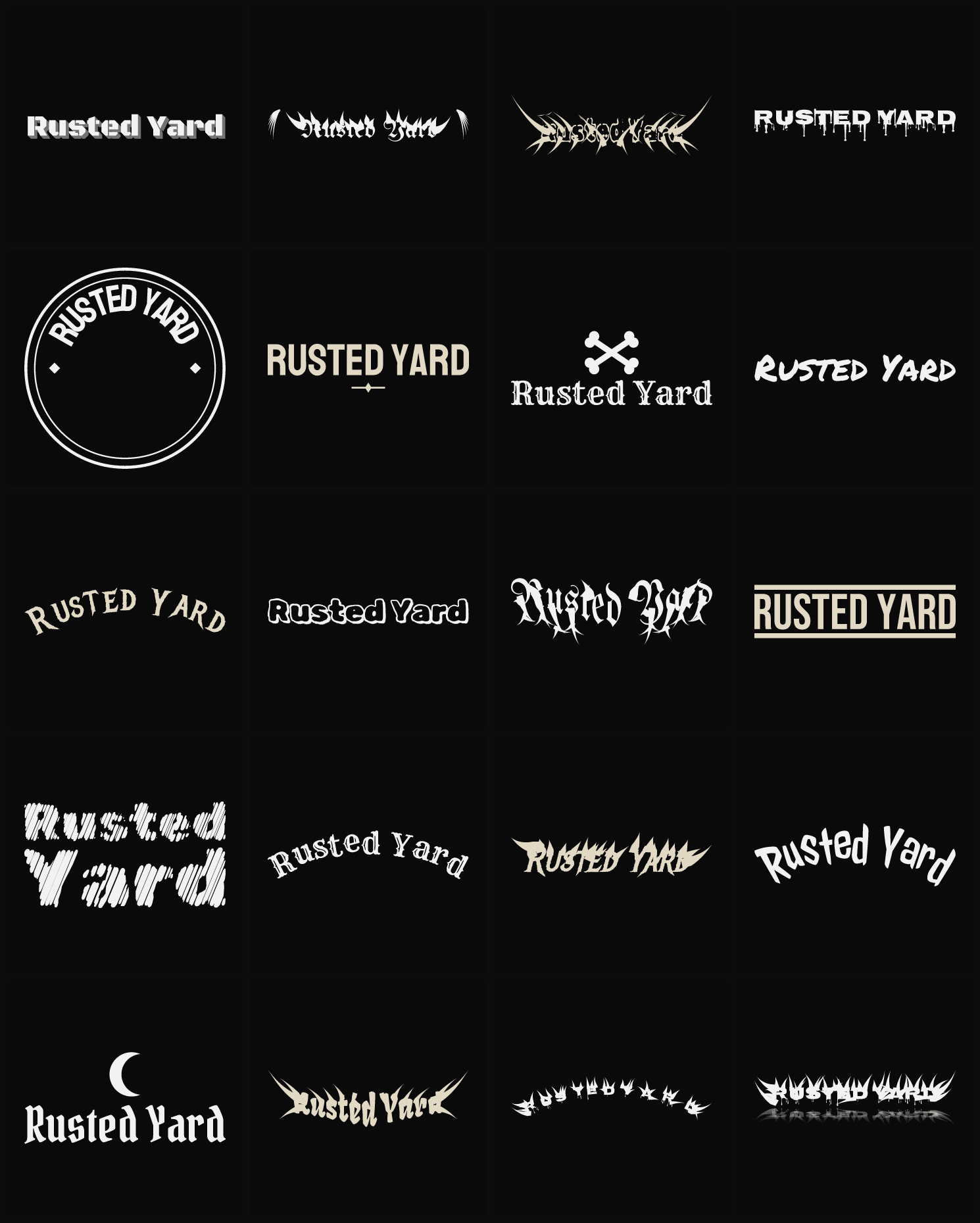 Twenty Rusted Yard band logo ideas — different faces, treatments and spike settings