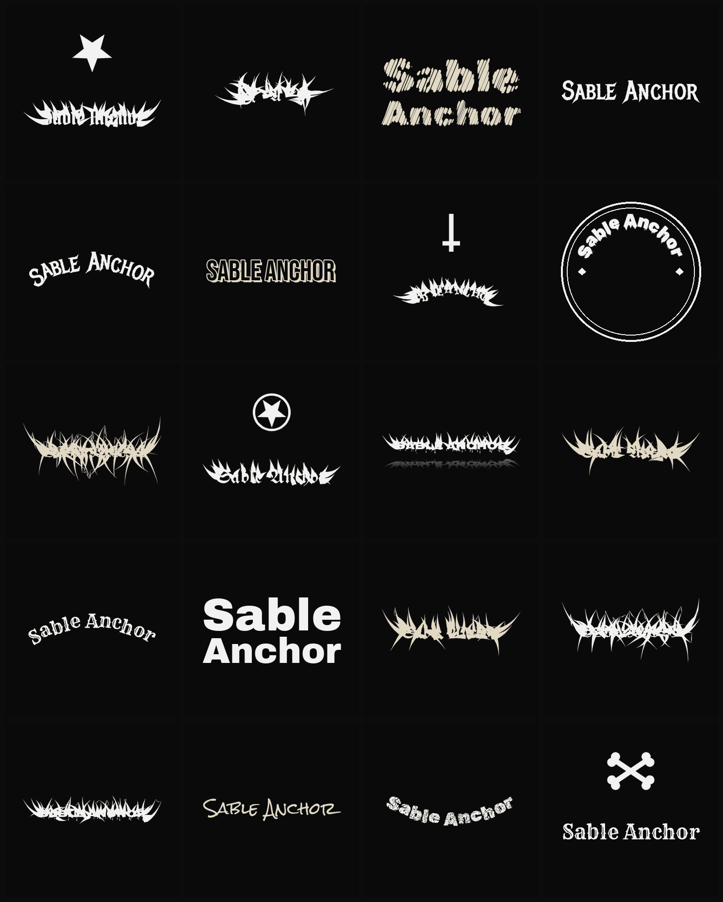Twenty Sable Anchor band logo ideas — different faces, treatments and spike settings