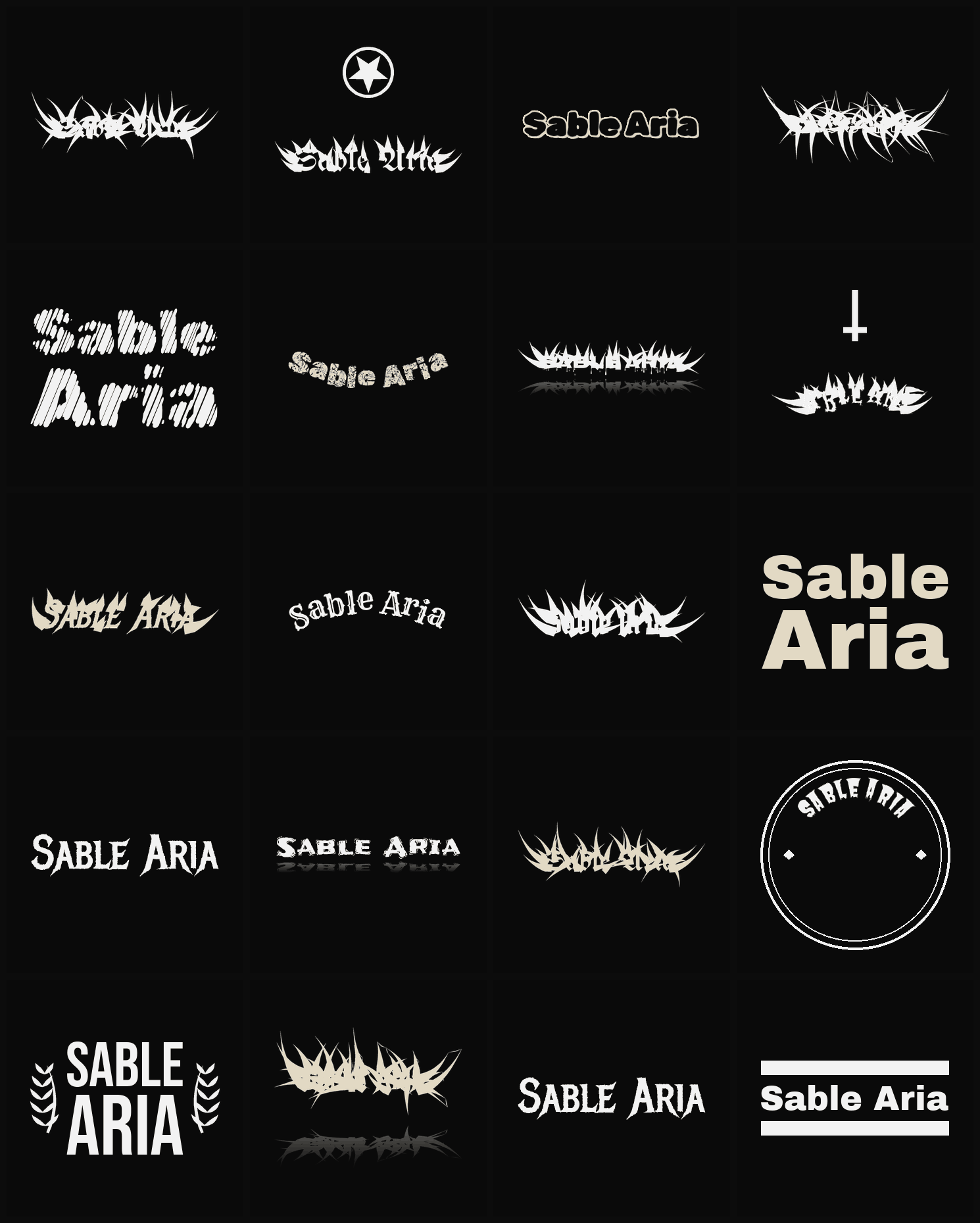 Twenty Sable Aria band logo ideas — different faces, treatments and spike settings