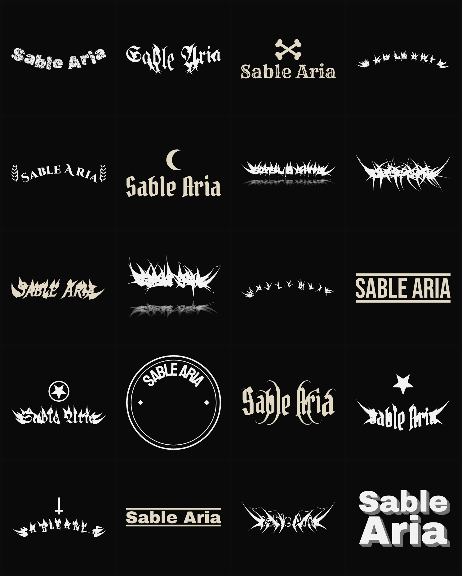Twenty Sable Aria band logo ideas — different faces, treatments and spike settings