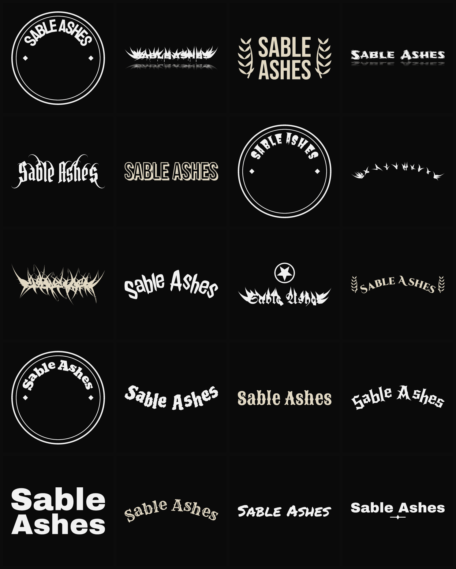 Twenty Sable Ashes band logo ideas — different faces, treatments and spike settings