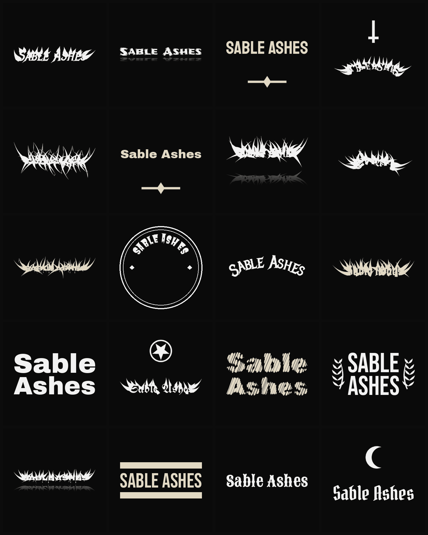 Twenty Sable Ashes band logo ideas — different faces, treatments and spike settings