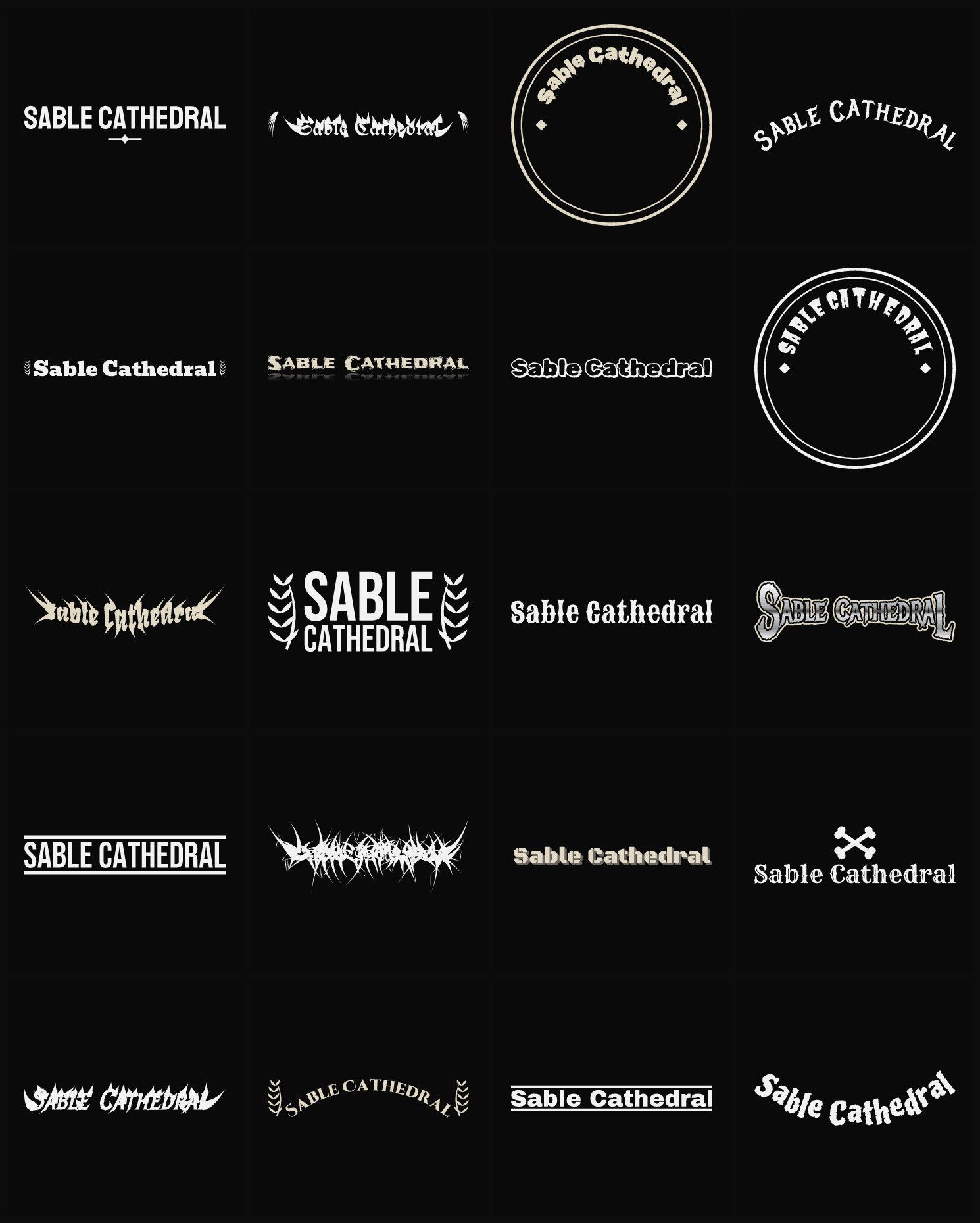 Twenty Sable Cathedral band logo ideas — different faces, treatments and spike settings