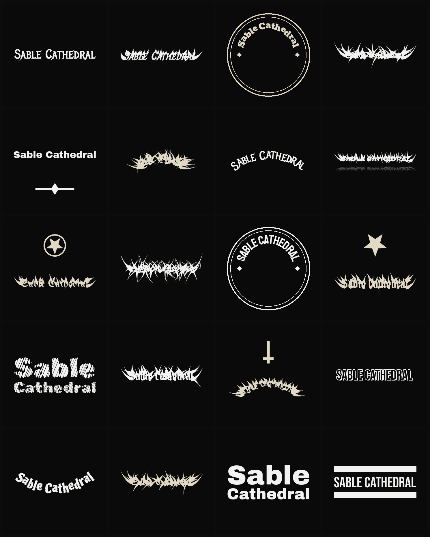 Twenty Sable Cathedral band logo ideas — different faces, treatments and spike settings