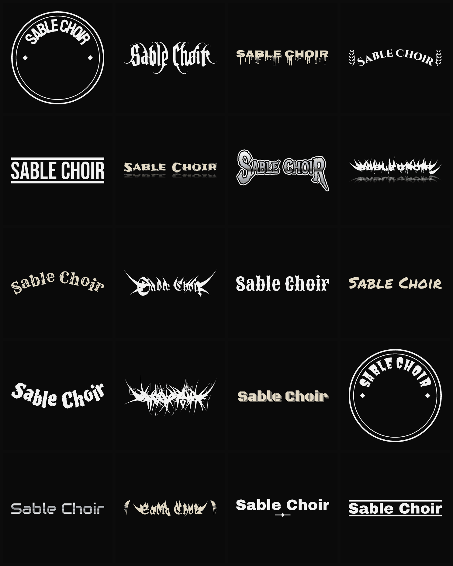 Twenty Sable Choir band logo ideas — different faces, treatments and spike settings