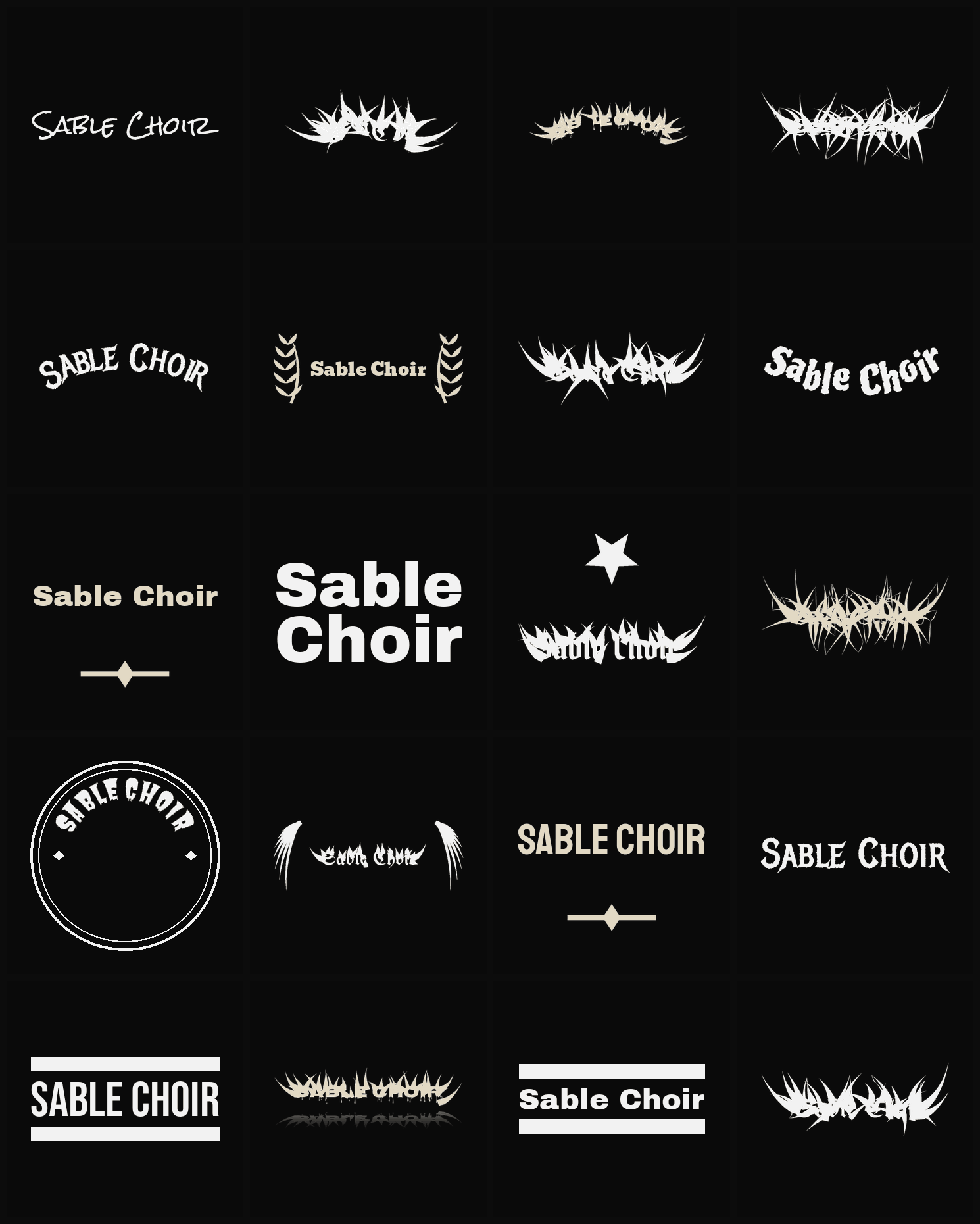 Twenty Sable Choir band logo ideas — different faces, treatments and spike settings