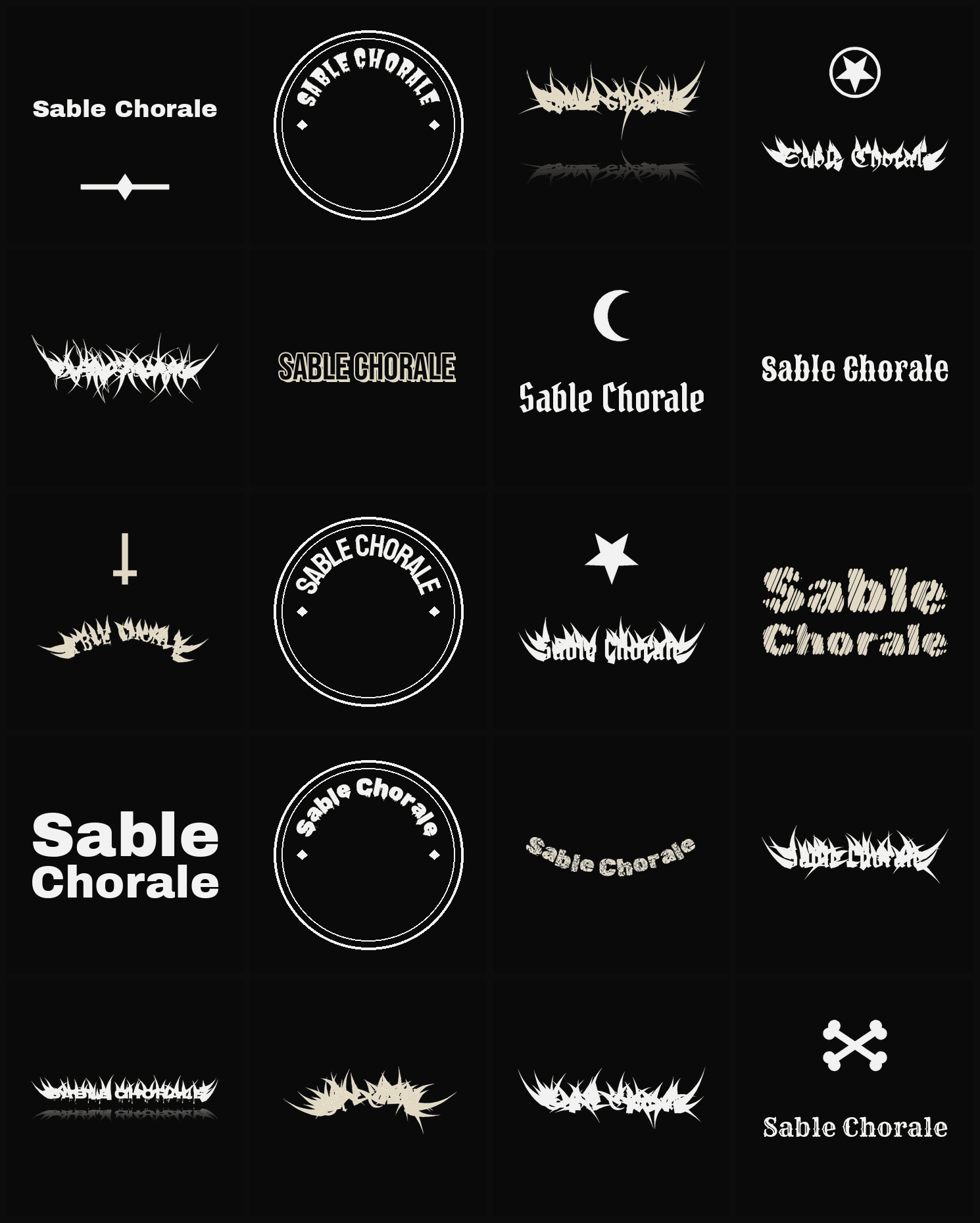 Twenty Sable Chorale band logo ideas — different faces, treatments and spike settings
