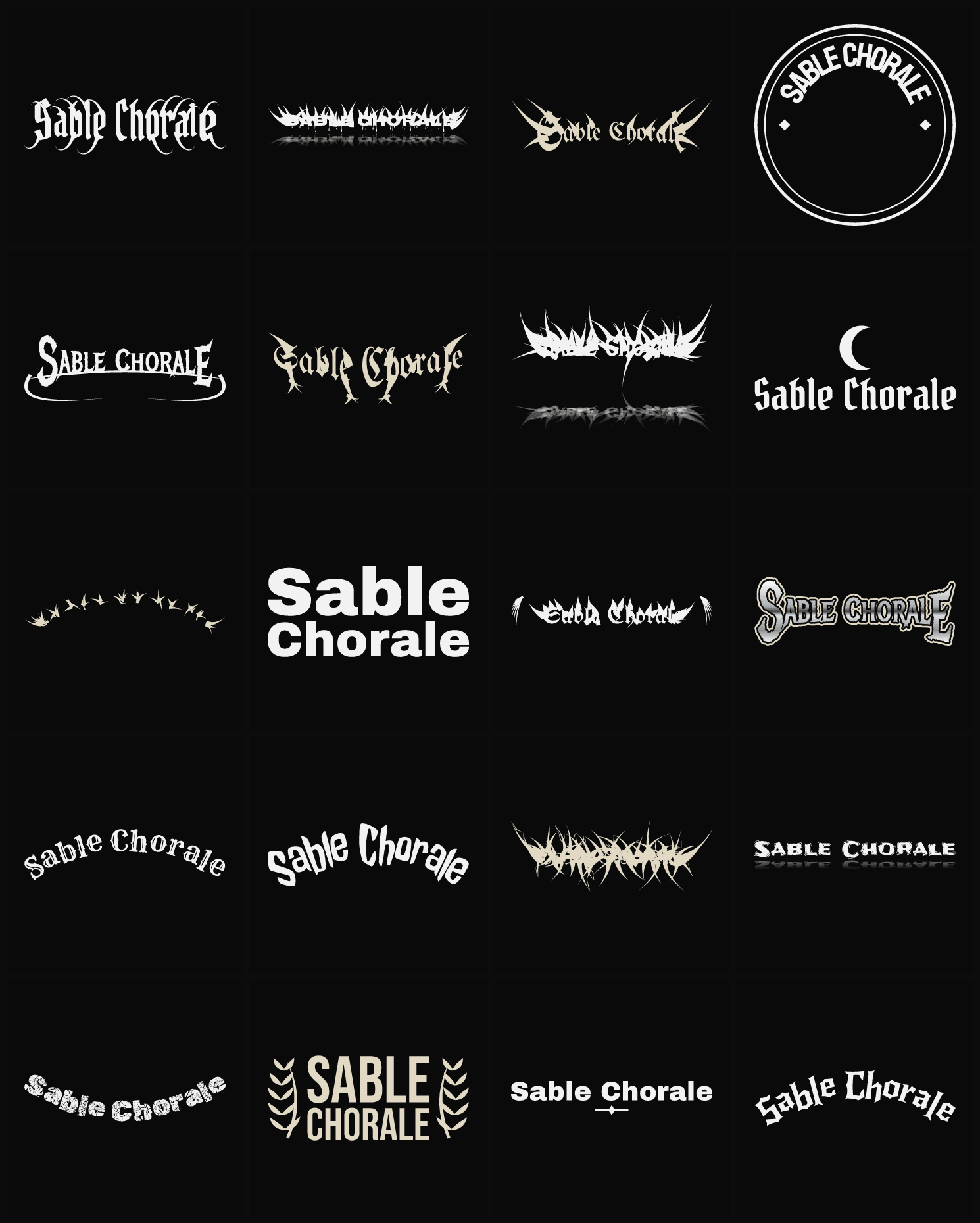 Twenty Sable Chorale band logo ideas — different faces, treatments and spike settings