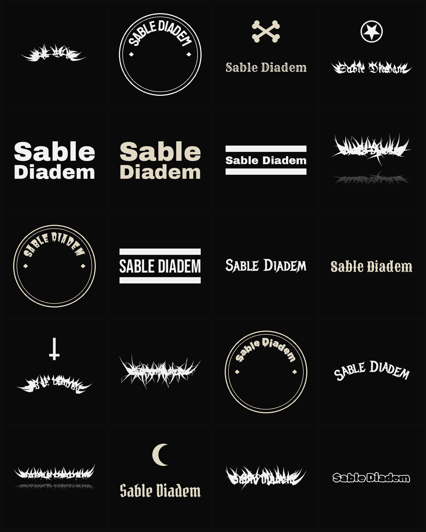 Twenty Sable Diadem band logo ideas — different faces, treatments and spike settings