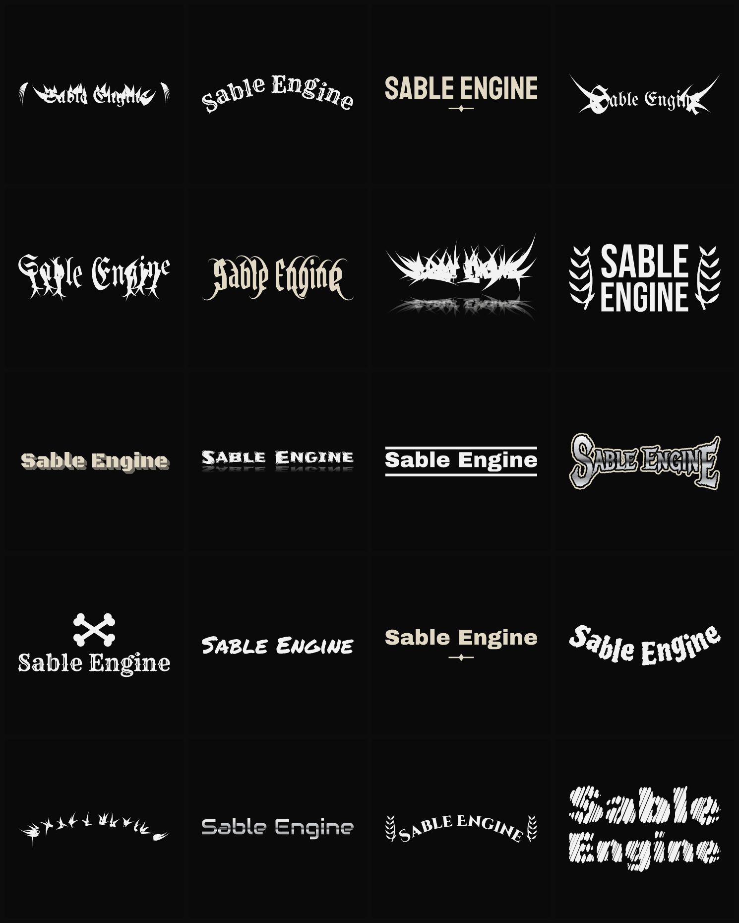 Twenty Sable Engine band logo ideas — different faces, treatments and spike settings