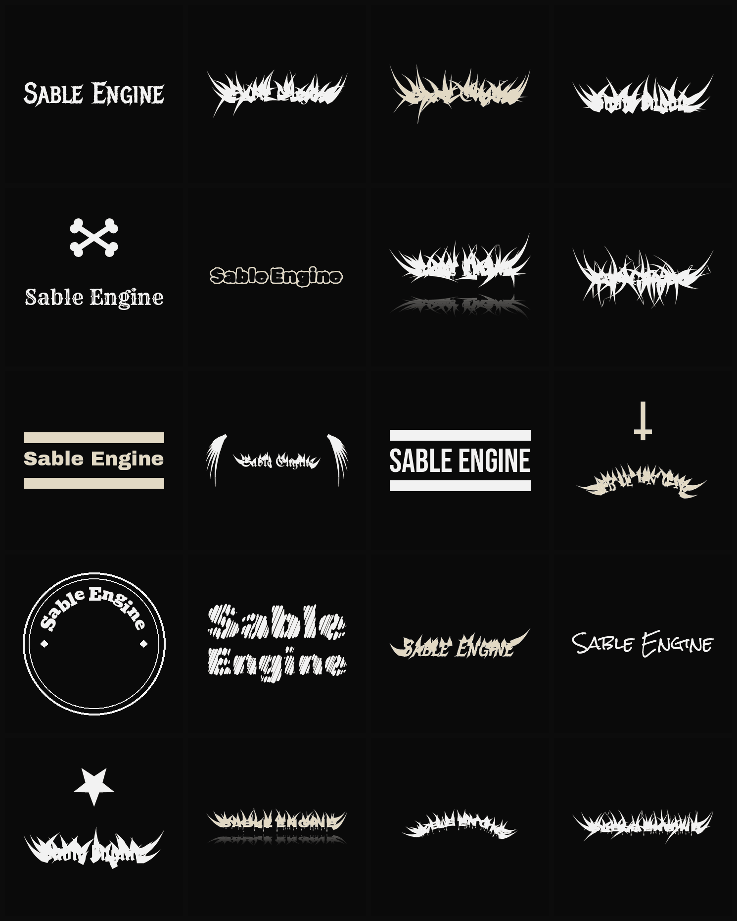 Twenty Sable Engine band logo ideas — different faces, treatments and spike settings