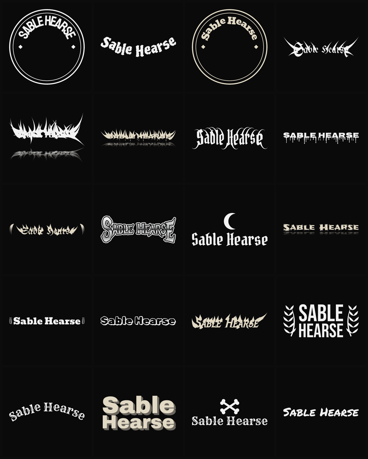 Twenty Sable Hearse band logo ideas — different faces, treatments and spike settings