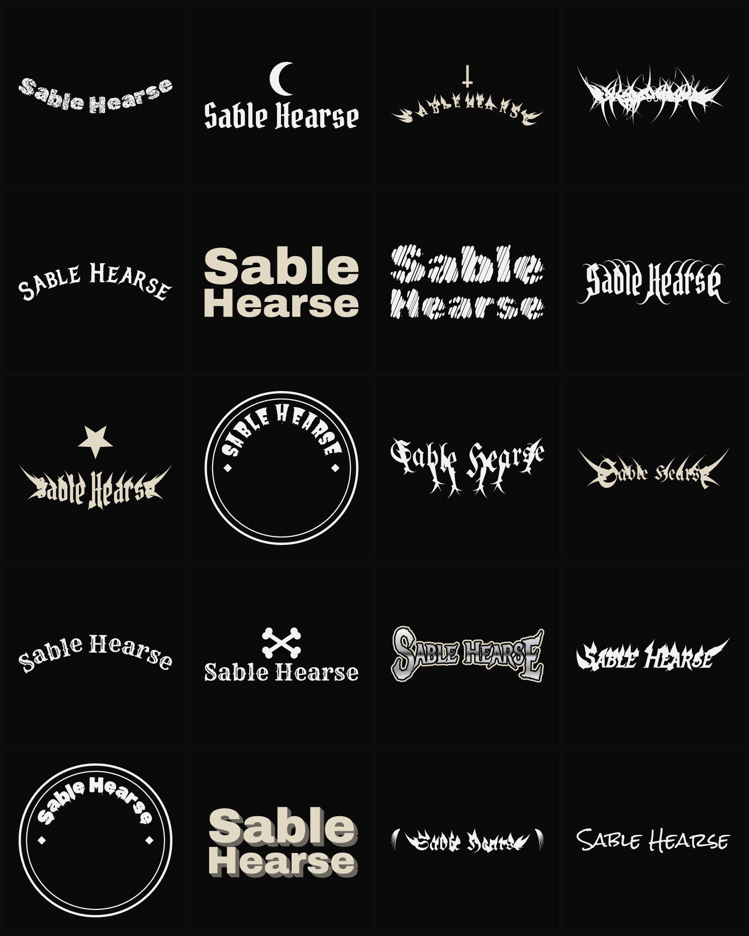 Twenty Sable Hearse band logo ideas — different faces, treatments and spike settings