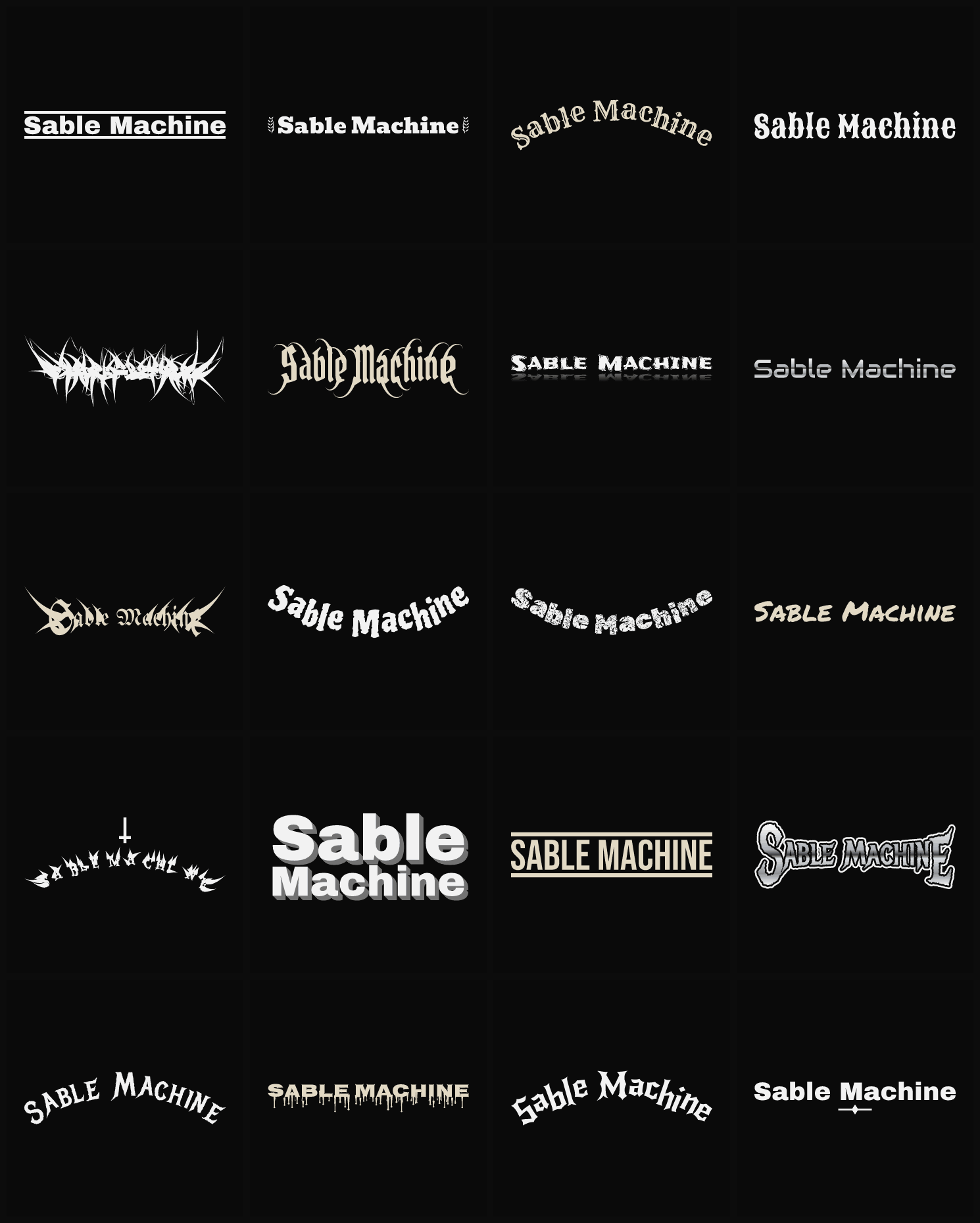Twenty Sable Machine band logo ideas — different faces, treatments and spike settings