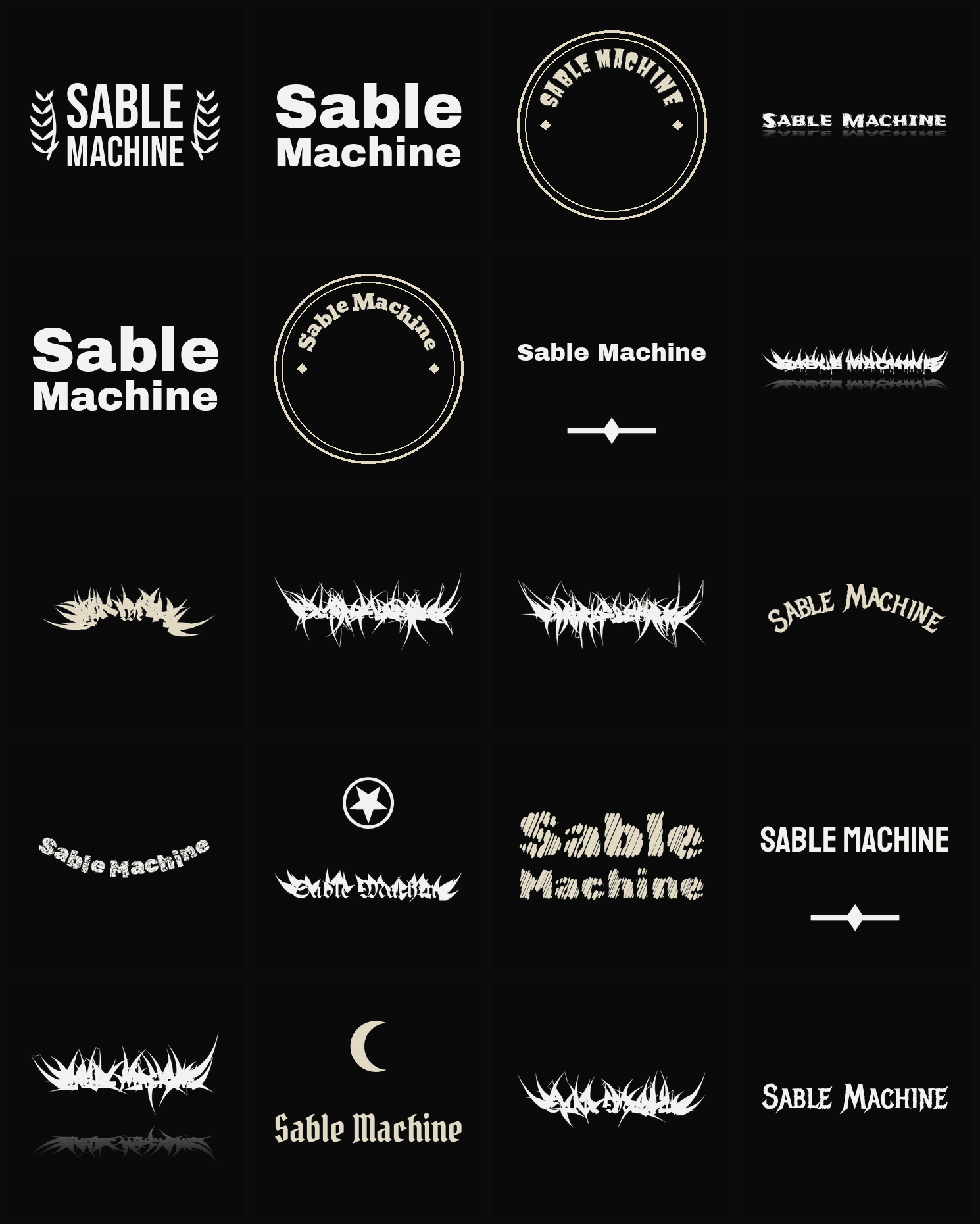 Twenty Sable Machine band logo ideas — different faces, treatments and spike settings