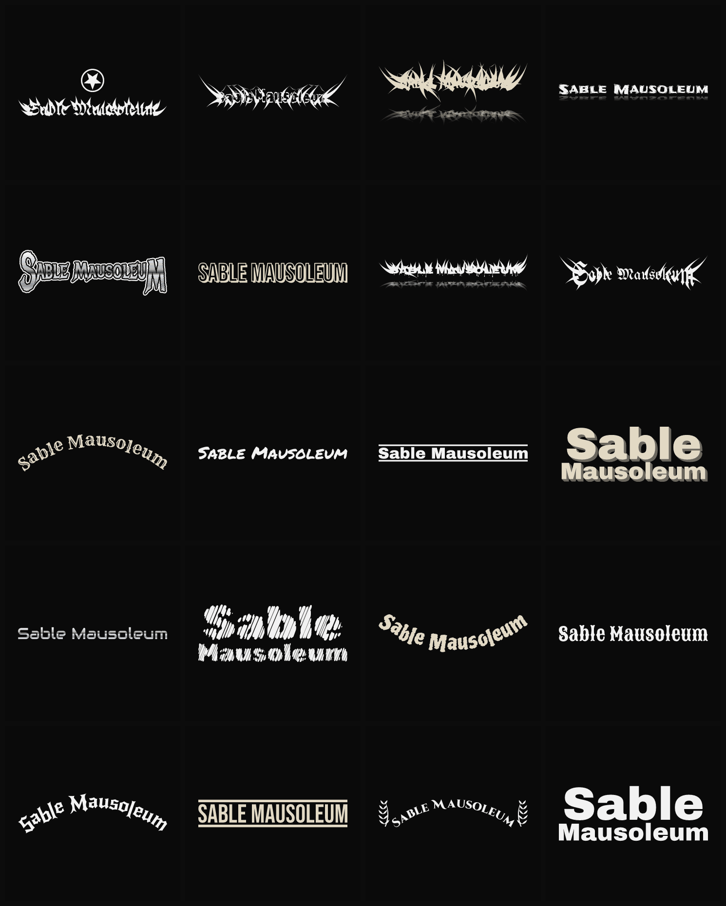 Twenty Sable Mausoleum band logo ideas — different faces, treatments and spike settings