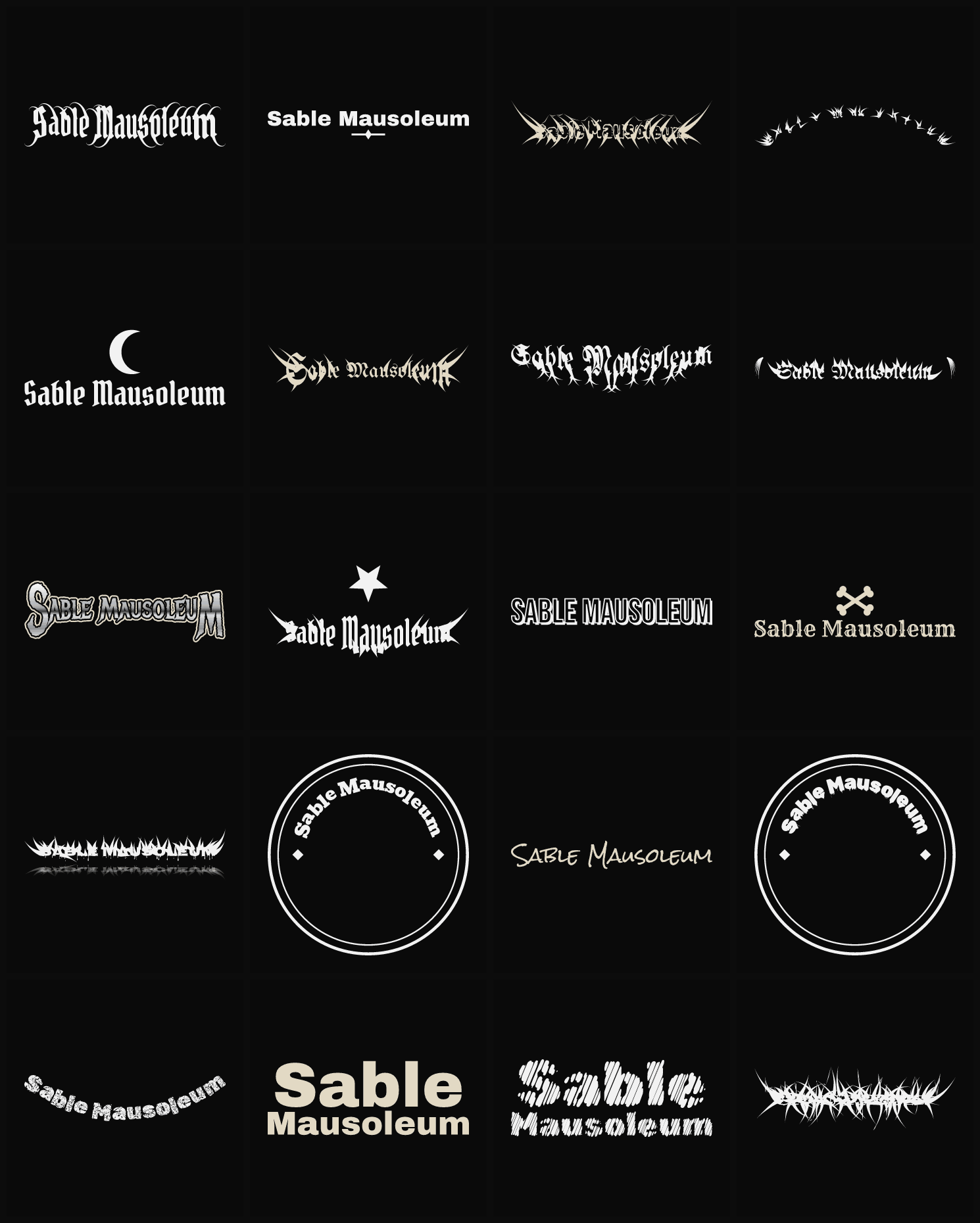 Twenty Sable Mausoleum band logo ideas — different faces, treatments and spike settings