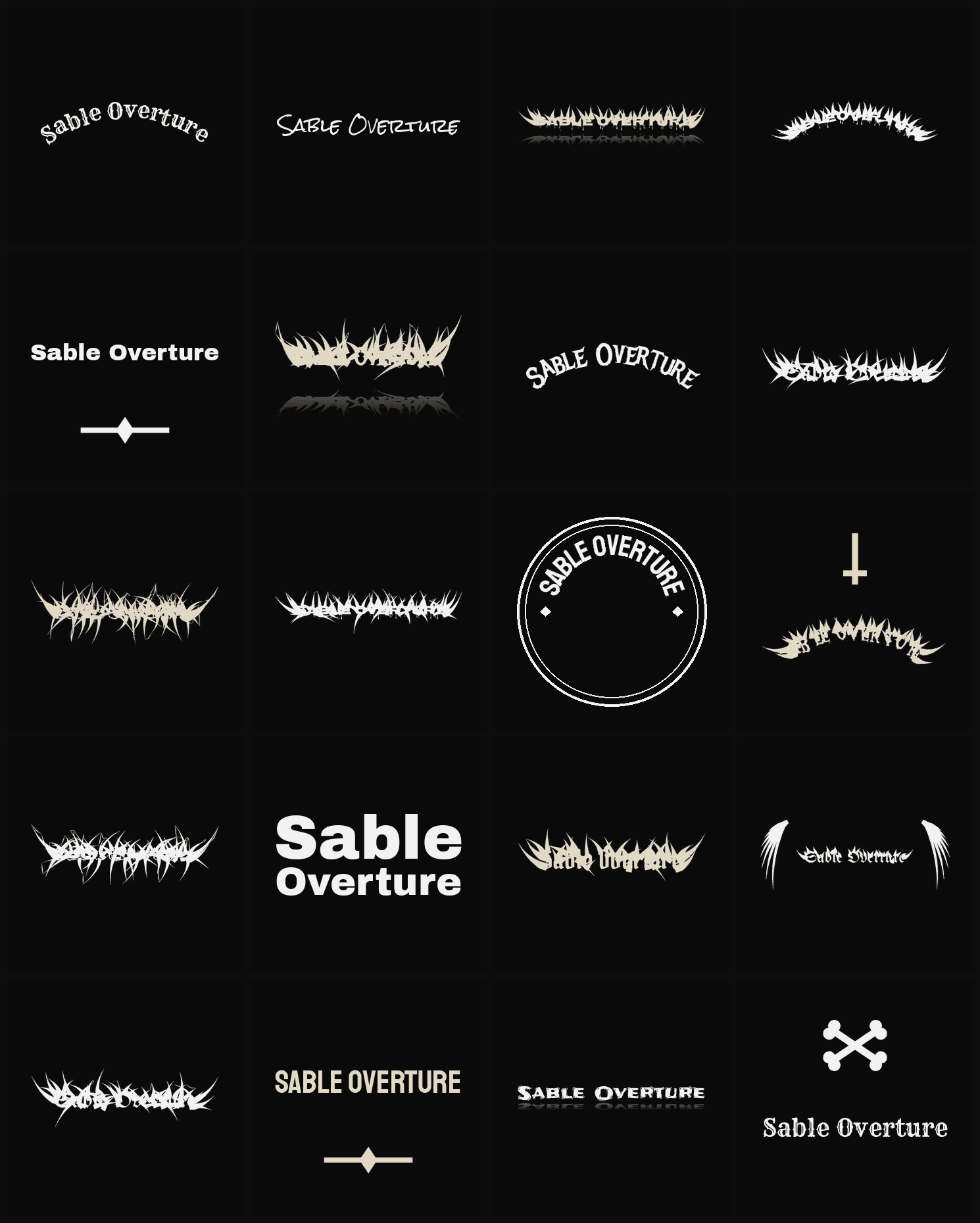 Twenty Sable Overture band logo ideas — different faces, treatments and spike settings